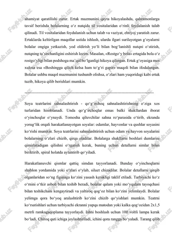 i matni ustida ishlash jarayonida bolalar «dehqonning xonadoni qanday hayot kechirar ekan?», «nima uchun davlat dehqonning xonadonidan ketishni istamaydi?» kabi savollarga javob topish orqali ertak qahramonlarini baholaydilar, ahil va inoq bo‘lib, halol mehnat qilish lozim degan xulosaga keladilar. ertak ustida ishlashda bolalarni ertakni o‘qib berishga, balki uni aytib berishga o‘rgatish ham muhimdir. ertak aytish og‘zaki nutqni o‘stiradi, bolalar nutqini yangi so‘z va iboralar bilan boyitadi. bolalarni ertak tilidan erkin foydalanishga o‘rgatish uchun ertak bilan birinchi tanishtirishda uni tarbiyachi aytib berishi mumkin. bola ertak mazmunini o‘zlashtirib olgandan so‘ng, uning tili ustida ishlashga alohida ahamiyat qaratilishi zarur. ertak mazmunini qayta hikoyalashda, qahramonlarga tavsif berishda bolalarning o‘z nutqida til vositalaridan o‘rinli foydalanish talab qilinadi. til vositalaridan foydalanish uchun talab va vaziyat, ehtiyoj yaratish zarur. ertaklarda keltirilgan maqollar ustida ishlash, ularda ilgari surilayotgan g‘oyalarni bolalar ongiga yetkazish, yod oldirish yo‘li bilan bog‘lanishli nutqni o‘stirish, nutqning ta’sirchanligini oshirish lozim. masalan, «rostgo‘y bola» ertagida bola o‘z …