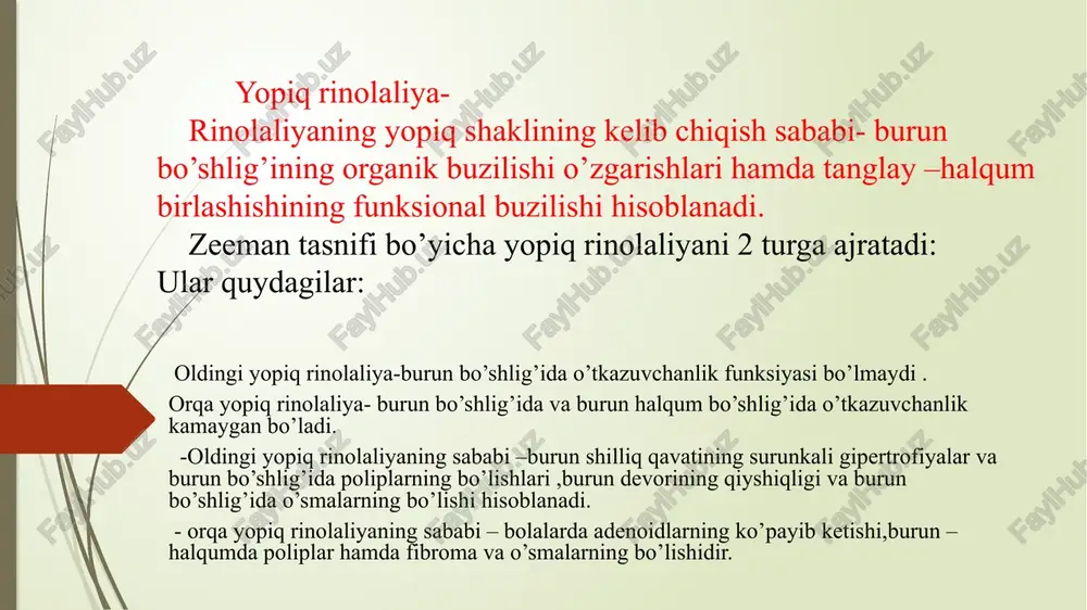 ari 2 yoshda yoki undan so’ng kelib chiqadi.impressiv nutq normal rivojlanadi.ekspressiv nutq o’zgarishlar yuz beradi.bunda bemorning nutqi kam tushunarli bo’ladi.o’giz bo’shlig’ida tilning nuqsoni natijasida undosh tovushlar til uch holati o’zgarishi hamda yuz muskullarining ortiqcha faollashuvi tufayli bo’ladi. bemor uchun ba’zi undosh tovushlarning bilan qiyinchilik bo’ladi. l,t,o,ch.sh,j,r tovushlari uchun yuqori tishlari va avleolari oldida zaruriy to’siq yaratib bo’lmaydi. rinolaliyani bartaraf etishda operatsiyagacha bo’lgan logopedik ish tizimi operatsiya davrida anatomik nuqson qisman yoki to’liq bartaraf etiladi.ammo nutq uchun kerakli samara bermaydi ba’zi hollarda.uranoplastika opertasiya kech o’tkazilsa,nutqda ta’sri yetarli darajada bo’lmydi,operatsiyadan so’ng logopedik muddat qayta ko’rish zaruriyati paydo bo’ladi.rinolaliya faqatgina nutq nuqsoni nafaqat tanglay yoriqliklari mavjud hamda og’iz bo’shlig’ida tilning no’tog’ri holatidan ham kelib chiqadi. a.g.ippalatova metodikasiga ko’ra logopedik ta’sir ko’rsatish jarayoni 2 davrga ajratiladi: 1.tayyorlov davri 2.asosiy davr tayyorlov davri bu davrda mashg’ulotlarning asosiy maqsadi artikulyatsiyani o’zlashtirish hamda to’g’ri nutqiy nafas olishni shakllantirishdan iborat. a)burun og’izdan nafas olish hamda chiqarish differensiyada nutqiy …
