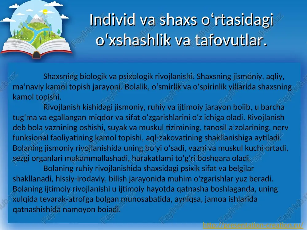 boshqa omil guruhlari orqali yer yuzasi barcha aholisining ijtimoiylashuviga ta’sir ko‘rsatadi. makroomillar (makro-katta)-davlat, halq, jamiyat. bu omillar muayyan hududda yashovchi aholi ijtimoiylashuviga ta’sir qiladi. mezoomillar (mezo-o‘rta)-hudud va yashash joyi ommaviy aloqa tarmoqlari, auditoriya, u yoki bu submadaniyatga tegishliligiga ko‘ra ajratilgan guruhlarning ijtimoiylashuvi shart-sharoitlaridir http://presentation-creation.ru/ ijtimoiy omillar. insonning biologik mavjudotdan ijtimoiy sub’ektga aylanishi, uning ijtimoiylashuvi, jamiyatg integratsiyasi natijasida sodir bo‘ladi. bu jarayon shaxsning ijtimoiy ahamiyatga ega xislatlari asosida shakllanadigan qadriyat, ijtimoiy me’yor, xulq-atvor namunasi orqali amalga oshadi. ijtimoiylashuv insonning butun hayoti davomida kechadigan ko‘p qirrali jarayondir. u ayniqsa bolalik va yoshlik davrida nihoyatda jadallik bilan kechadi. chunki, aynan bolalikda asosiy ijtimoiy me’yorlar o‘zlashtiriladi. bola ijtimoiylashuvida sotsium muhim ahamiyatga ega. bu ijtimoiy muhitni bola asta-sekinlik bilan o‘zlashtiradi. agar bola tug‘ilgandan keyin asosan oilada rivojlansa, uning keyingi rivojlanishi yangi va yangi muhitlar-maktabgacha ta’lim muassasalari, maktab, maktabdan tashqari tarbiya muassasalari, turli ko‘ngilochar maskanlarda kechadi. yosh ulg‘aygan sari ijtimoiy muhit “hududi” kengayib boradi. bola qanchalik …