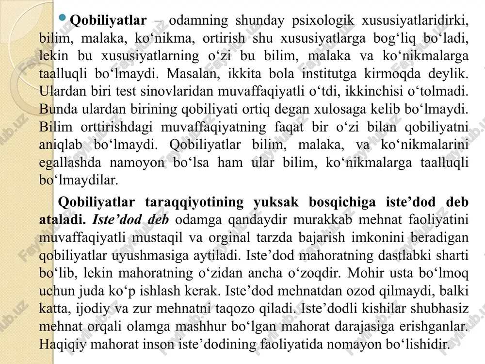 maktab o‘qituvchisining kasbiy faoliyati turli yo‘nalishlarda bo‘ladi. ulardan eng muhimlari tubandagilar: o‘quv pedagogik faoliyat. bu faoliyat jamiyat talablariga mos ravishda oliy maktabda o‘quv jarayonini tashkil etishga yo‘naltiriladi. tashkilotchilik faoliyati. bunday faoliyat ilmiy izlanish va o‘quv-tarbiya jarayonini aniq rejalashtirish va tashkil etish malakasida ko‘rinadi. bu o‘qituvchi, talaba va boshqa olimlarning o‘zaro aloqador faoliyatidir. ilmiy-bilish faoliyati. bu faoliyat atrof-olamni va o‘zini chuqur va har tomonlama bilish malakasida ko‘rinadi. kommunikativlik faoliyati. bu faoliyat safdoshlari va talabalar bilan maqbo‘l o‘zaro aloqalarni belgilash malakasini ko‘zda tutadi. o‘z-o‘zni nazorat qilish uchun savollar va vazifalar 1. o‘qituvchining faoliyatidagi vazifalari nimalardan iborat? 2. qobiliyat nima ? 3. kommunikativ qobiliyatni izoxlang? 4. pedagog shaxsiga qo‘yilgan talablar nimalardan iborat? foydalanilgan adabiyotlar: 1. barkamol avlod orzusi. toshkent sharq 1999 y. 2. karimov i.a. «halollik va fidoyilik faoliyatimizning asosiy mezoni bo‘lsin» toshkent, «o‘zbekiston» 1994 y. 3. davlatshin m.g. «o‘kuvchilarda qobiliyatni tarkib toptirish». t.,o‘qituvchi 1996 y. 4. maxmud xasaniy. «odob bo‘stoni va ahloq …