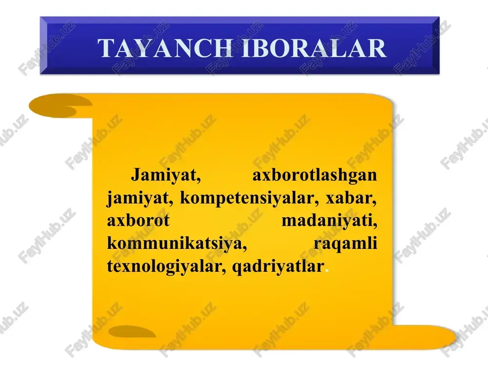 yoshlarning dunyoqarashini boyitishi, bilim olishi, zamonaviy bilimlar egasi bo'lishi imkonini beradi, zero prezidentimiz ta'kidlaganlaridek farzandlari sog'lom yurt qudratli bo'lur. axborotning salbiy tomoni shundan iboratki, hozirgi kunda ayrim g'arb davlatlaridan kirib kelayotgan bizning milliy qadriyatlarimizga yot bo'lgan axborotlar va qarashlar hamda insonlar ongini zaharlovchi ma'lumotlar ham mavjud. internet va sms xabarlar orqali tarqalayotgan jamiyatimizga, qadriyatlarimiz va an'analarimizga, davlatchiligimizga zid bo'lgan nojo'ya axborotlar yoshlarning ongini zaharlashi va ularni noto'g'ri yo'llarga boshlashi mumkin. bunday holatlarning oldini olish bizning vazifamizdir. har doim axborotdan o'rinli va to'g'ri foydalanish zarur “esse” metodi zamonaviy jamiyat axborot qanday ko‘rinishda bo‘lish haqida 5 qatordan iborat “esse” yozing. vaqt 4 daqiqa * zamonaviy jamiyat axborot resurslari. resurs bu-qaysidir vositalarning manbasi yoki zahirasidir har qanday jamiyat davlat firma yoki jismoniy shaxs o‘z hayotiy faoliyati uchun zarur bo‘lgan ma’lum axborotga ega bo‘ladi. an‘anaviy axborotlarga xom ashyo axborotlari energetik axborotlar mehnat axborotlari moliyaviy axborotlar kabi materialli axborot kiradi. hohlagan kishi guruh yoki axtiyoriy …