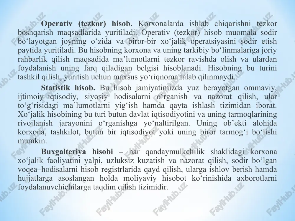 o‘zgarib borishlarini yoppasiga, uzluksiz, qonun-qoidalarga asosan hujjatlarda to‘liq, aniq, to‘g‘ri aks ettirib borishdir. yuqoridalardan shuni xulosa qilish mumkinki, buxgalteriya hisobining predmeti - takror ishlab chiqarish jarayonidagi korxonalar, tashkilotlar va muassasalarning samarali boshqarilishida mablag‘lar holati va ulardan unumli foydalanish haqidagi axborotlarni shakllantirish hisoblanadi. 2. buxgalteriya hisobi nazariysi fanining predmeti va metodi buxgalteriya hisobining uslub(metod)lari uslublar uslublar ta’rifi hujjatlashtirish buxgalteriya hisobining ob’ektlari ustidan yoppasiga va uzluksiz kuzatishni amalga oshirish imkonini beradigan dastlabki aks ettirish inventarizatsiya korxona mablag‘ini tekshirib, ro‘yxatga olish va olingan ma’lumotlarni hisob ma’lumotlari bilan solishtirish baholash xo‘jalik mablag‘lari, majburiyatlar va xo‘jalik jarayonlarini pul o‘lchov birligida aks ettirish kalkulyatsiya yaratilgan mahsulot (ish va xizmat)lar birligi tannarxini aniqlash schyotlar tizimi mablag‘lar tarkibi va joylashtirilishi, ularning manbalari bo‘yicha aks ettirish, iqtisodiy guruhlash va tezkor nazorat qilish ikkiyoqlama yozuv har bir xo‘jalik muomalasining summasi ikki marotaba: bir schyot debeti va ayni vaqtda o‘zaro bog‘liq boshqa schyotning kreditida aks ettirish buxgalteriya balansi muayyan sanaga korxonaning …