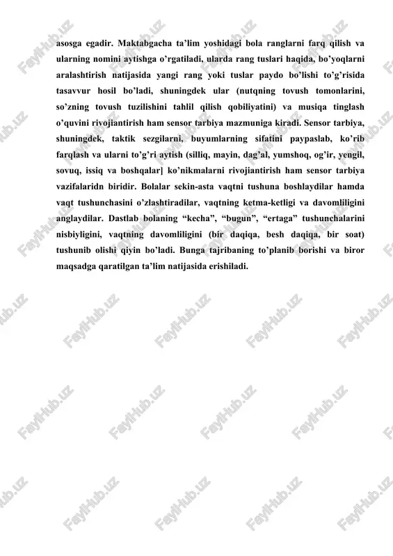 bilan taqqoslash va ulardan tegishli xulosa chiqarish ko‘nikmasiga ega bo‘ladilar. atrof-muhitdagi rang-baranglikni o‘zlashtirish bolaga mavjud voqelikni imkon qadar aniq idrok etish uchun qulaylik yaratadi. yuqorida ko‘rsatib o‘tilgan tamoyillarni go‘daklik va maktabgacha yoshdagi bolalar nutqini o‘stirish jarayoniga tadbiq etish lozim. buning uchun: bolalar narsa va buyumlarning nomi va xususiyatlarini qanday izchillikda farqlay boshlashi; narsa va buyumlarning nomi, xususiyati, hajmi, rangini ifodalovchi so‘zlarning qanday talaffuz qilinishi, bolalarning mazkur narsalar bilan qay tarzda aloqaga kirishishiga bog‘liq. bu masalani sensor tarbiya nuqtai-nazaridan yondashgan holda tahlil etishga harakat qilamiz. amalga oshirilgan tadqiqotlar bolalarda ular hayotining dastlabki davridan boshlab turli shakl, hajm va rangdagi narsalarga alohida qiziqish paydo bo‘lishini ilmiy jihatdan asoslab bergan. bolani buyumlarning shaklini tanishga ilk yoshdan boshlab o‘rgatish lozim. kichik yoshdagi bolalarni his qilish orqali buyumlarning xususiyatlarini anglashga o‘rgatishda rus olimlarining nazariy qarashlari va tajribalariga tayanish maqsadga muvofiqdir. atrof-muhit bilan bolalarni tanishtirish jarayonida narsalarning nomi, xususiyatlari, rang-tusi, hajmi va shaklini qanday tartibda o‘rgatish …