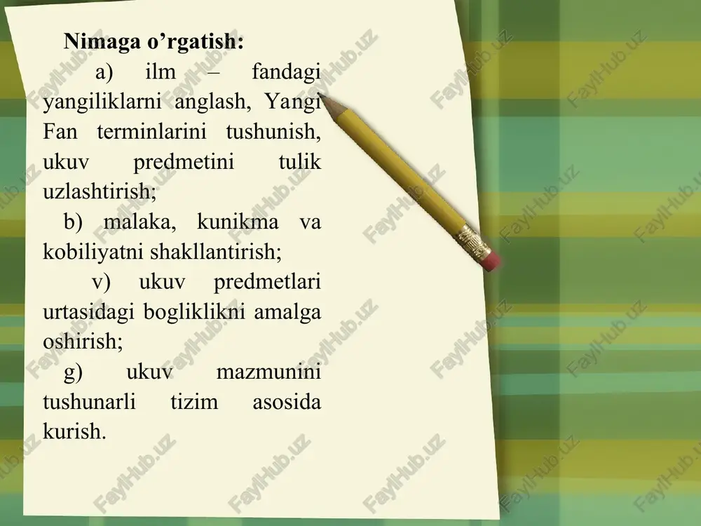 ish. 2. talabalarning turli xildagi jamoa, individual faoliyatini uyushtira bilish va ularni ijtimoiy faolligini. bilish. 3. talabalarga berilgan ijtimoiy topshiriklar berilishi yuzasidan nazorat urnatish va ularga zarur vaktda amaliy. yordam berish. 4. o’zi raxbarlik kilgan guruzdagi amaliy ishlarni amalga oshira bilish. 5. ota - onalar, keng jamoatchilik urtasidagi ishlarni bilish nazorat uchun savollar. pedagogik jarayonda muloqot qanday funktsiyalarni bajaradi? muloqot jarayonini boshqarish uslublari. o’qituvchiga qaysi fazilatlariga obro’ olib keladi. mu omala jarayonida o’quvchi ‘ulqi ijtimoiy qonun - qoidalar maromiga zid kelsa , u ‘olda uning xatti - xarakati qoralanadi , e o tiroz tanbe’ , eslatish kabi vositalar bilan ta o sir o’tkaziladi . muomala vaqtida odob , odoblilik muhim a’amiyatga ega . - axborot almashuv vazifalari : - o’zaro ta ’ sir - o’zaro idrok qilish to’g’ri amalga oshishini idora qilib turadi. – axborot almashuv – o’zaro ta o sir – o’zaro idrok qilish odob odoblilik