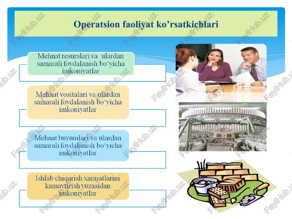 : ishchilar, xizmatchilar, shu jumladan, rahbarlar, mutaxassislar va boshqalar mehnat unumdorligi vaqt birligi (soat, smena, oy, kvartal, yil) ichida ishchilar tomonidan ishlab chiqarilgan mahsulot miqdori yoki bir mahsulot birligini ishlab chiqarishga sarf qilingan vaqt birligi bilan o‘lchanadi. mehnat unumdorligini hisoblash shartli-natural ko rsatkichlar. natural ko‘rsatkichlar. pul (qiymat) ko‘rsatkichlari mehnat unumdorligi vaqt birligi (soat, smena, oy, kvartal, yil) ichida ishchilar tomonidan ishlab chiqarilgan mahsulot miqdori yoki bir mahsulot birligini ishlab chiqarishga sarf qilingan vaqt birligi bilan o‘lchanadi mehnat unumdorligi ko‘rsatkichining tahlili ko‘rsatkichlar o‘tgan yil hisobot yil farqi (+,-) o‘sish sur’- ati, % 1. mahsulotlar sotishdan olingan sof tushum , ming so‘m 11133677 16236271 +5102594 145,83 2. xodimlarning ro‘yxat bo‘yicha soni, kishi 35 65 +30 185,71 3.ishchilarning ro‘yxat bo‘yicha soni, kishi 24 37 +13 154,17 4. bir xodimga to‘g‘ri keluvchi o‘rtacha yillik ish unumi, ming so‘m (1/2) 318105,06 249788,79 -68316,27 78,52 5. bir ishchiga to‘g‘ri keluvchi o‘rtacha yillik ish unumi, so‘m (1/3) …