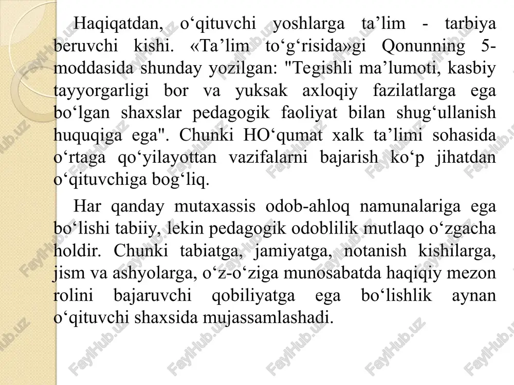 ir. talab — tajribada juda keng tarqalgan usul bo‘lib, ta’lim va tarbiya jarayonida pedagogning tarbiyalanuvchiga shaxsiy munosabatining namoyon bo‘lishi yo‘li bilan u yoki bu xatti-harakatlarning rag‘batlantirilishi yoki to‘xtatilishini ta’minlaydi. istiqbol — ta’sir ko‘rsatishning juda ta’sirchan usuli bo‘lib, u bolalarning xatti-harakatlarini ular oldiga maroqli maqsadlar qo‘yish yo‘li ta’minlaydi, bu maqsadlar ularning shaxsiy intilishlari, qiziqish va muddaolariga aylanadi. rag‘batlantirish va jazolash — tarbiyaning eng an’anaviy usuli bo‘lib, bolalar hulq-atvoriga to‘zatish kiritishni, ya’ni foydali xatti-harakatlarni ko‘shimcha rag‘batlantirishni va tarbiyalanuvchilarning nomaqbo‘l xatti-harakatlarini to‘xtatishni ta’minlaydi, bunda ularning huquq burchlarini kengaytirish yoki cheklash, ularga ahloqiy ta’sir ko‘rsatish yo‘lidan foydalaniladi. jamoatchilik fikri — ta’sir ko‘rsatishning qudratli usuli bo‘lib, bolalarning ijtimoiy foydali fao­liyatini g‘oyat har tomonlama va muntazam rag‘batlantirib borishni ta’minlaydi, jamoaning tarbiyaviy vazi­falarini ancha to‘liq amalga oshiradi. o‘z-o‘zni nazorat qilish uchun savollar va vazifalar 1. pedagogik nazokat va odobning talablari nimadan iborat? 2. pedagogik takt deganda nimani tushunasiz? 3. o‘qituvchining darsdagi pedagogik takti qanday bo‘lishi kerak deb …