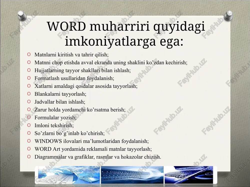 yana biri bu- ushbu dasturlarda ishlatiladigan asosiy buyruqlar aynan bir xildaligidir. ya’ni ctrl+c ikkala muhitda ham bir xil nusxa ko’chirish vazifasini bajaradi. word pad matn muharriri matn muxarriri deganda kompyuterda ma`lumotlarni qayta ishlaydigan, o`zgartiradigan dastur tushuniladi. matn muxarrirlari matnni xotirada saqlay olish, matnni har xil ob`ektlar tashlay olish, matnni har – xil kattalikda yoza olish, matnni qog`ozga chop qila olish va shu kabi amallarni bajara olish lozim. bu dasturda matn bo`ylab har xil yo`llar bilan harakatlanish mumkin. klaviatura sichqoncha xatto menyular yordamida ham biz matnning xoxlagan joyida borishimiz mumkin. matn yordamida xato yozilgan belgilarni o`chirish uchun shu belgi yoniga kursorni olib borib delete yoki backspace tugmalaridan foydalanish kerak bir satrni ikkiga bo`lish uchun kerakli joyda kursorni olib borib enter tugmasini bosish kerak. standart dasturlarning boshkasi bu - word pad dasturi. uning yordamida esa murakkabrok (doc txt wri rtf kengeytmali) matnli fayllarni yaratishimiz mumkin. bu dasturda matn xar xil xarflar shrifti …