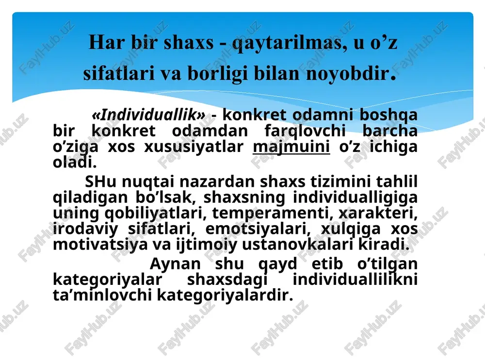 rologik sifatlar - odoblilik, mehribonlik, takt, jonsaraklik, dilgirlik, muloqotga kirishuvchanlik, altruizm, g’amxurlik, raxm-shafqat va boshqalar. o’z-o’ziga munosabatga aloqador xarakterologik sifatlar kamtarlik, kamsuqumlilik, mag’rurlik, o’ziga bino qo’yish, o’z-o’zini tanqid, ibo, sharmu - hayo, manmansirash va boshqalar. narsalar va hodisalarga munosabatlarda namoyon bo’ladigan xususiyatlar - tartiblilik, oqillik, saronjom-sarishtalik, qo’li ochiqlik, ziqnalik, tejamkorlik, pokizalik va boshqalar. umuman, konkret shaxs misolida olib qaraydigan bo’lsak, har bir alohida obyektlar, narsalar, hodisalarga mos tarzda xarakterning turli qirralari namoyon bo’lishining guvoxi bo’lishimiz mumkin. masalan, uyda (katta o’zbek oilasi misolida oladigan bo’lsak) katta yoshli ota-onalar oldida o’ta bosiq, ko’nuvchan, har qanday buyurilgan ishni e’tirozsiz bajaradigan kishi, o’z kasbdoshlari orasida doimo o’z nuqtai nazariga ega bo’lgan, gapga chechan, kerak bo’lsa, qaysar, dadil bo’lishi, ko’chada jamoatchilik joylarida beg’am, loqayd, birov bilan ishi yo’q kishiday tuyulishi, o’ziga nisbatan esa o’ta talabchan, lekin egoist, o’z-o’ziga bahosi yuqori bo’lishi mumkin. xarakter sifatlari qanday namoyon bo’ladi yuqorida sanab o’tilgan sifatlar aslida shaxsning hayotdagi yo’nalishlaridan …