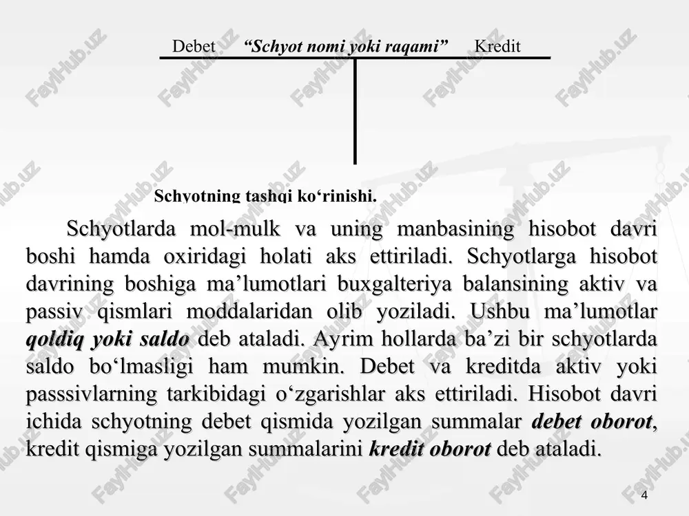o‘g‘ri taqsimlash maqsadida qo‘llaniladi yig‘ib taqsimlovchi schyotlar. bu schyotlar ma’lum xo‘jalik jarayonidagi xarajatlarni bir oy davomida hisobga olish, bu xarajatlarni iqtsiodiy mazmuniga qarab, guruxlashtirish va ularni kalkulyatsiya ob’ektlari o‘rtasida oldindan qabul qilingan biror bazisga nisbatan mutanosib ravishda taqsimlash uchun xizmat qiladi. kalkulyatsiya schyotlari korxona faoliyatida mahsulotlar, sotilgan tovarlar, bajarilgan ish va ko‘rsatilgan xizmatlar tannarxini aniqlash uchun xarajatlar hisobini yuritishga mo‘ljallangan. taqqoslovchi schyotlar ayni bir muomalalar yoki korxonaning butun bir moliyaviy-xo‘jalik faoliyatining natijasini aniqlash uchun ishlatiladi. * * debet 9200 kredit aktivlarning chiqib ketishidan xarajatlar aktivlarning chiqib ketishidan daromadlar debet 9900 kredit xarajatlarning yakuniy moliyaviy natijaga hisobdan chiqarilishi yoki xarajatlarni hisobga oluvchi tranzit schyotlarning yopilishi daromadlarning yakuniy moliyaviy natijaga hisobdan chiqarilishi yoki daromadlarni hisobga oluvchi tranzit schyotlarning yopilishi * har bir xo‘jalik operatsiyasi mablag‘ning tuzilishida yoki manbaning tuzilishida yoki bir vaqtda ham mablag‘da ham manbada bir xil summaga o‘zgarishga olib keladi. bunday o‘zgarishlarni qayd qilish uchun buxgalteriya hisobida ikkiyoqlama yozuv usuli …