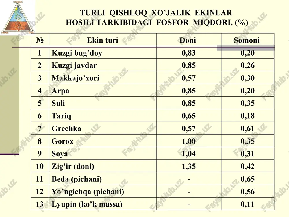 o appatit sa5(on)(ro4)3, nordon tuproqlar sharoitida strengit fe(on)2n2ro4 va varistsit ai(on)2n2ro4 hosil bo'ladi. bo’z tuproqlar tarkibidagi yalpi va harakatchan fosfor miqdori tuproq tipi chuqurligi, sm umumiy p2o5 % harakatchan p2o5, mg/kg eskidan sug’orib kelinayotgan tipik bo’z tuproqlar 0-20 20-40 0,213 0,215 15,3 7,5 yangidan sug’orilib kelinayotgan och tusli bo’z tuproq 0-25 30-55 0,141 0,143 12,4 9,6 30 yildan beri o’zlashtirilgan och tusli bo’z tuproq 0-22 22-40 0,190 0,177 19,2 11,4 to’q tusli bo’z tuproq 0-15 15-30 0,194 0,152 40,3 12,8 eskidan sug’orib kelinayotgan o’tloqi tuproq 0-20 20-45 0,183 0,149 15,9 7,2 o’tloqi botqoq tuproq 0-20 22-40 0,171 0,099 10,5 4,3 tabiatda fosfor saqlovchi minerallar juda ko'p uchraydi, ammo ulardan apatit va fosforit fosforli o'g'it ishlab chiqarish uchun xom-ashyo bo'lib hisoblanadi. apatit – tuproq hosil kiluvchi ona jins tarkibida dispers holda tarqalgan otqindi jins hisoblanadi. ammo uning konlari kam tarqalgan. eng yirik apatit koni rossiya federatsiyasi kola yarim orolida xibin tog'larida …
