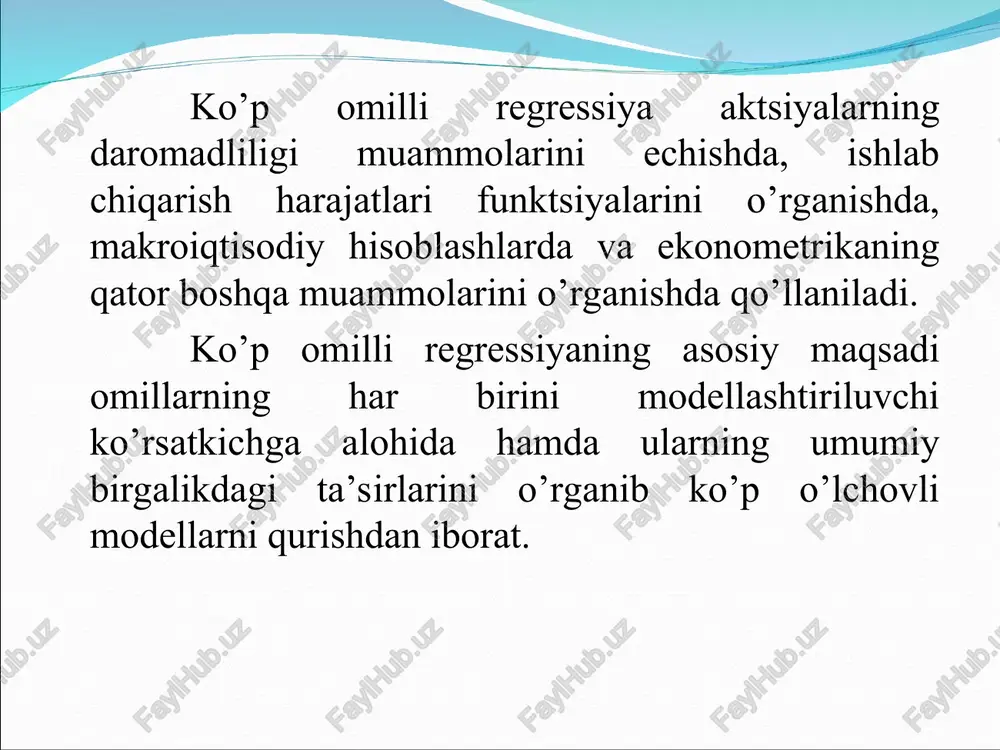 tmaydi. faraz qilaylik shu masala uchun standartlashtirilgan regressiya tenglamasi quyidagicha bo’lsin: e’tiboringiz uchun tashakkur !!! . ... 2 2 1 1 e + + + × + × + = p p x b x b x b a y . ,..., , 2 2 1 1 p p dx dy b dx dy b dx dy b = = = - j b - j x 2 r 2 1 r - 2 1 1 x x yx r r < e + × + × + = 2 2 1 1 x b x b a y 0 2 1 = x x r 1 2 1 = x x r e + × - × - = z x y 10 5 22600 ( ) 95 . 0 = xy r 2 2 1 p p r r ³ + 2 2 1 p p s s …
