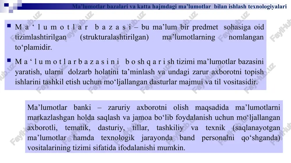 saqlash usuli markazlashgan markazlashmagan ma’lumotning strukturasi strukturalashgan yarim strukturalashgan va strukturalashmagan ma’lumotlarni saqlash va qayta ishlash modeli vertikal model gorizantal model ma’lumotlarning bog’lanishi kuchli kuchsiz katta ma'lumotlar bu har xil vositalar, yondashuvlar va tarkibiy tuzilmalarni qayta ishlash usullari bo'lib, ularni aniq vazifalar va maqsadlar uchun ishlatish uchun ishlatiladi. strukturalashmagan ma'lumotlar - bu oldindan belgilangan tuzilishga ega bo'lmagan yoki ma'lum tartibda tashkil qilinmagan ma'lumotlar. katta ma'lumotlar - bu nafaqat ma'lumotlarning o'zi, balki ularni qayta ishlash va ishlatish texnologiyalari, kerakli ma'lumotlarni katta massivlarda topish usullaridir. katta ma'lumot uchun meta group tomonidan 2001 yilda ishlab chiqilgan an'anaviy aniqlovchi xususiyatlar "ularni" 3 v»: ovoz (volume) - jismoniy hajmning qiymati. tezlik (varety) - o'sish sur'ati va natijalarni olish uchun ma'lumotlarni tezkor qayta ishlash zarurati. turli xillik (velosyte) - har xil turdagi ma'lumotlarni bir vaqtning o'zida qayta ishlash qobiliyati. qiymat-ma'lumotlarning qiymati u saqlash va qayta ishlash xarajatlarini oqlaydigan nazariy yoki amaliy jihatdan foydali va zarur bo'lishi …