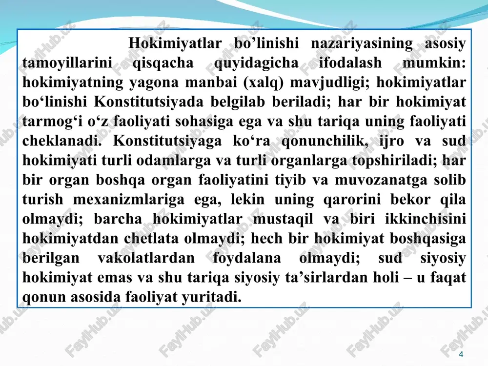 o‘plab, lekin saylovchilar kollegiyasi ovozlari bo‘yicha yutqazganida bo‘lgandi. o‘shanda donald tramp saylovchilar kollegiyasining taxminan 57% ovozini qo‘lga kiritib, prezident etib saylangan. * agar hech qaysi nomzod saylovchilar kollegiyasining 270 ta ovozini ololmasa, prezidentni tayinlash kongressning vakillar palatasi zimmasiga o‘tadi. har bir shtat bittadan ovozga ega bo‘ladi va 26 ta ovoz to‘plagan nomzod prezident etib tayinlanadi. vitse-prezident esa kongressning senatorlari tomonidan tanlanadi. * 109-modda. o‘zbekiston respublikasining prezidenti: 1) fuqarolarning huquqlari va erkinliklariga, o‘zbekiston respublikasining konstitutsiyasi va qonunlariga rioya etilishining, o‘zbekiston respublikasi suvereniteti, xavfsizligi va hududiy yaxlitligining kafilidir, milliy-davlat tuzilishi masalalariga doir qarorlarni amalga oshirish yuzasidan zarur chora-tadbirlar ko‘radi; 2) mamlakat ichkarisida va xalqaro munosabatlarda o‘zbekiston respublikasi nomidan ish ko‘radi; 3) muzokaralar olib boradi hamda o‘zbekiston respublikasining shartnoma va bitimlarini imzolaydi, respublika tomonidan tuzilgan shartnomalarga, bitimlarga va uning qabul qilingan majburiyatlariga rioya etilishini ta’minlaydi; 4) o‘z huzurida akkreditatsiyadan o‘tgan diplomatik hamda boshqa vakillarning ishonch va chaqiruv yorliqlarini qabul qiladi; 5) o‘zbekiston respublikasining …