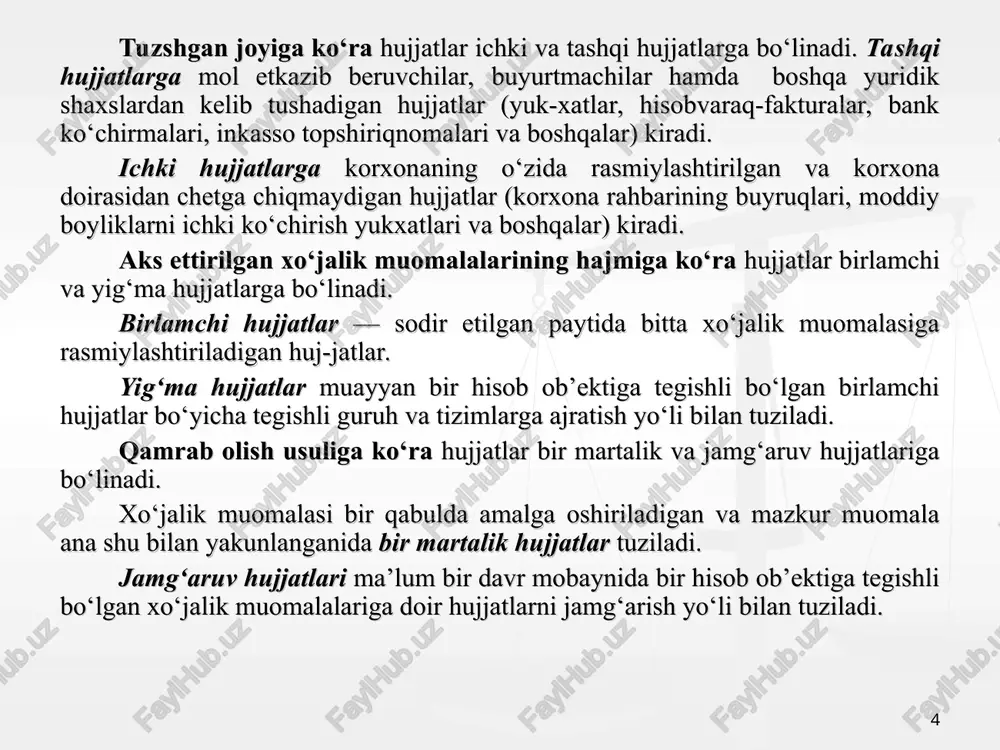isobida aks ettirish uchun zarur bo‘lgan rekvizitlar mavjud bo‘lishi kerak. “buxgalteriya hisobi to‘g‘risi”dagi qonunning 9-moddasiga binoan dastlabki hujjatlarning zaruriy rekvizitlari bo‘lib quyidagilar hisoblanadi: korxonaning nomi; hujjatning nomi va nomeri, uning tuzilishi sanasi hamda joyi; xo‘jalik muomalalarini nomi, mazmuni va miqdoriy o‘lchovi (natura va pul ko‘rinishida); ma’suliyatli shaxslarning shaxsiy imzolari. * hujjatlarning rekvizitlari amal qilish muddati bo‘yicha o‘zgaruvchan rekvizitlar shartli-doimiy rekvizitlar hisob ob’yektlariga nisbatan belgi rekvizitlari mazmun rekvizitlari axamiyatliligi bo‘yicha majburiy rekvizitlar qo‘shimcha rekvizitlar doimiy rekvizitlar * «qangli» fermer xo‘jaligi___ ko-2 shakl korxona, tashkilot kassa chiqim orderi № 2016 y. bering _________allayarov karim urazimbetovichga __________________________ asos ________xujalik xarajatlari uchun ___________________________________ ______________________________________________________________________ ___________________yigirma sakkiz ming _____________________ so‘m ___tiyin yozuv bilan ilova ___________________________________________________________ ______________________________________________________________________ bosh buxgalter muratboeva e. oldim ___________________yigirma sakkiz ming ____________so‘m __00__tiyin yozuv bilan «_01_» __mart ___ 2011_y. imzo: allayarov k ____pasport seriya sa №690721, amudaryo tumani iib tomonidan ___________________________ _________berilgan, 2007 yil 19 dekabr _________________________________________ berdim kassir yakubova g sana …