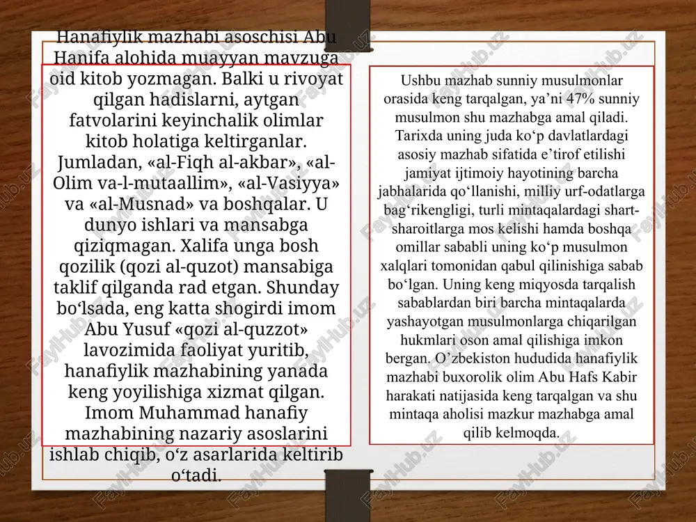 2 sohada — shariat manbalarini ishlab shiqish (usul al-fiqh) va shariatni tayin sohalarga tatbiq qilish (furuʼ al-fiqh)dan iborat boʻlgan. islomning sunniylik yoʻnalishi huquqshunosligi 4 ta mustaqil huquq mazhablari — hanafiylik, molikiylik, shofiʼiylik va hanbaliylik vujudga kelgan. fiqhda boshqa maktablar xam mavjud edi, biroq xiv-asrga kelib, mazkur 4 mazhab hamda bir nesha shialik tariqatlarigina saqlanib qolgan. oʻrta asrlarda va yangi davrda fiqhga oid asarlar orasida fatvo toʻplamlari koʻpaydi. al-kuduriyning (1037-yilv.e.) „muxtasar“, qozixonning (1196-yilv.e.) „fatovo“, burhoniddin margʻinoniyning „hidoya“, ibn bazzozning (1414-yilv.e.) „fatovo“ asarlari bunga misol boʻladi. ular ishida „hidoya“ asari hanafiylik mazhabida katta shuxrat qozongan amaliy qoʻllanmadir. “hidoya”ga bir qansha sharhlar yozilgan. islom huquqining manbalarini asosan shariat, urf-odatlar va qonunlar tashkil etadi. «shariat» so'zi arabsha «sharia», «shar'» so'zlaridan olinib, uning lug'aviy ma'nosi «suvga olib boradigan yo'l» deganidir. shunga asosan, shariat to'g'ri yo'l, ilohiy yo'l, qonunshilik degan ma'nolarni anglatuvshi islom diniy huquq tizimidir. shariatda sof huquqiy masalalardan tashqari axloqiy normalar va amaliy diniy …