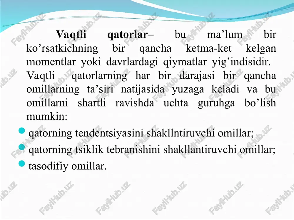 idan iborat deb qaraladi. ikkala modeldan birini tanlash masumiy tebranishning strukturasini tahlil qilish asosida amalga oshiriladi. additiv va multiplikativ modellarni tuzish vaqtli qatorning har bir darajasi uchun t, s va e kompnentalarning qiymatlarini hisoblashga olib keladi. modelni tuzish jarayoni bir necha bosqichdan iborat: 1. berilgan qatorni sirg’anchiq o’rtacha usul bilan tekslash; 2. s – mavsumiy komponentaning qiymatini hisoblash; 3. qator tenglamasidan mavsumiy komponentalarni chiqarib tashlash va additiv modelda (t+e) yoki multiplikativ modelda (t·e) tekslangan qiymatlarni topish; 4. (t+e) yoki (t·e) darajalarni analitik tekslash va hosil bo’lgan trend tenglamasini qo’llab t ning qiymatlarini hisoblash; 5. hosil bo’lgan modelda (t+e) yoki (t·e)ning qiymatlarini hisoblash; 6. mutloq va/yoki nisbiy hatoliklarni hisoblash. vaqtli qatorning additiv modelini tuzish: 1-qadam. sirg’anchiq o’rtacha usuli bilan qatorni tekslaymiz. buning uchun: a) qatorning har to’rt chorakdagi darajalari yig’indisini bir davrga surgan holda hisoblaymiz va shartli yillik elektrenergiya iste’moli hajmini topamiz(jadvalning uchunchi ustuniga bir chorak pastga yozamiz); v) yig’indini 4ga …
