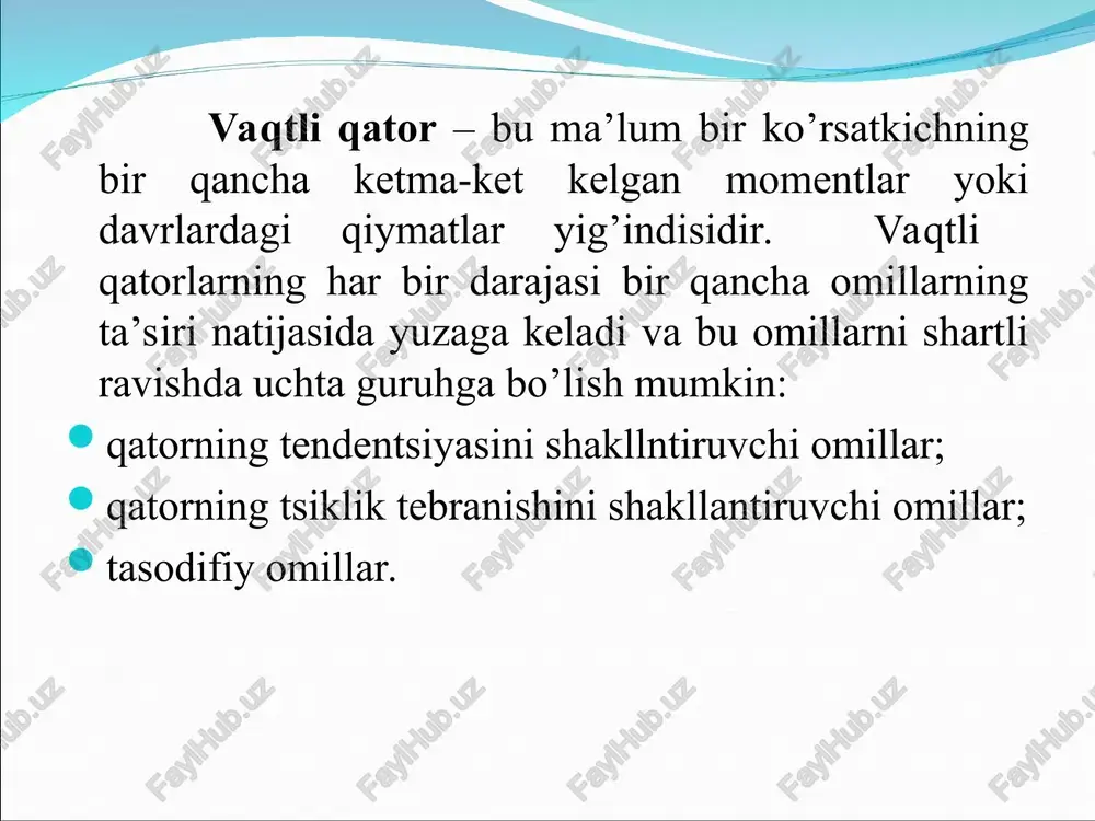 t deb qaraladi. ikkala modeldan birini tanlash masumiy tebranishning strukturasini tahlil qilish asosida amalga oshiriladi. additiv va multiplikativ modellarni tuzish vaqtli qatorning har bir darajasi uchun t, s va e kompnentalarning qiymatlarini hisoblashga olib keladi. modelni tuzish jarayoni bir necha bosqichdan iborat: 1. berilgan qatorni sirg’anchiq o’rtacha usul bilan tekslash; 2. s – mavsumiy komponentaning qiymatini hisoblash; 3. qator tenglamasidan mavsumiy komponentalarni chiqarib tashlash va additiv modelda (t+e) yoki multiplikativ modelda (t·e) tekslangan qiymatlarni topish; 4. (t+e) yoki (t·e) darajalarni analitik tekslash va hosil bo’lgan trend tenglamasini qo’llab t ning qiymatlarini hisoblash; 5. hosil bo’lgan modelda (t+e) yoki (t·e)ning qiymatlarini hisoblash; 6. mutloq va/yoki nisbiy hatoliklarni hisoblash. vaqtli qatorning additiv modelini tuzish: 1-qadam. sirg’anchiq o’rtacha usuli bilan qatorni tekslaymiz. buning uchun: a) qatorning har to’rt chorakdagi darajalari yig’indisini bir davrga surgan holda hisoblaymiz va shartli yillik elektrenergiya iste’moli hajmini topamiz(jadvalning uchunchi ustuniga bir chorak pastga yozamiz); v) yig’indini 4ga bo’lib …