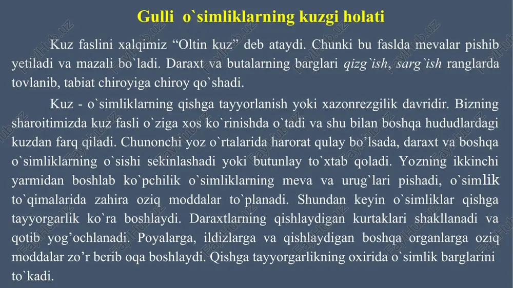 ganlardan biri ekan. ochiq joyda ko‘p yillik gullarni vegetativko‘paytirish manzarali gullar bilan qoplangan gulzorlar kishini o‘ziga maftun etadi, ruhini tetiklashtirib, zavqini oshiradi. havoni toza saqlashda, tashqi muhitni sog‘lomlashtirishda gul- larning ahamiyati yanada kattadir. shuning uchun respublikamizda va chet mamlakatlarda gullarning xilma-xil navlarini ko‘paytirishda ko‘p ishlar olib borilmoqda.o‘zbekistonda va boshqa juda ko‘p mamlakatlarda har yili “gullar bayrami” va eng chiroyli guldastalar tayyorlash ko‘rik tanlovlari o‘tkaziladi. bunday bayramlarda gulchilik xo‘jaliklari, havaskor gulchilar qatnashadilar. gullar savdoga ham chiqariladi. odatda, ochiq joyda gul o‘stirish uchun har xil guruhga kiruvchi gullar tanlab olinadi. bahor va yoz oylarining birinchi yarmida ko‘p yillik va ikki yillik, yozning o‘rtalarida esa bir yillik gullar gullab, gulzorga chiroy beradi. ko‘p yillik gullar bir yillik va ikki yillik gullar singari ortiqcha parvarishni talab qilmaydi. gulzor. gulzor uchun ajratilgan yer maydoni kuzda 27-30 sm chuqurlikda shudgor qilinib, go‘ng solinadi. bahorda esa qaytadan chopib tekislanadi, zarur bo‘lsa egat olinadi. xiyobonlar, dam olish maskanlari, …