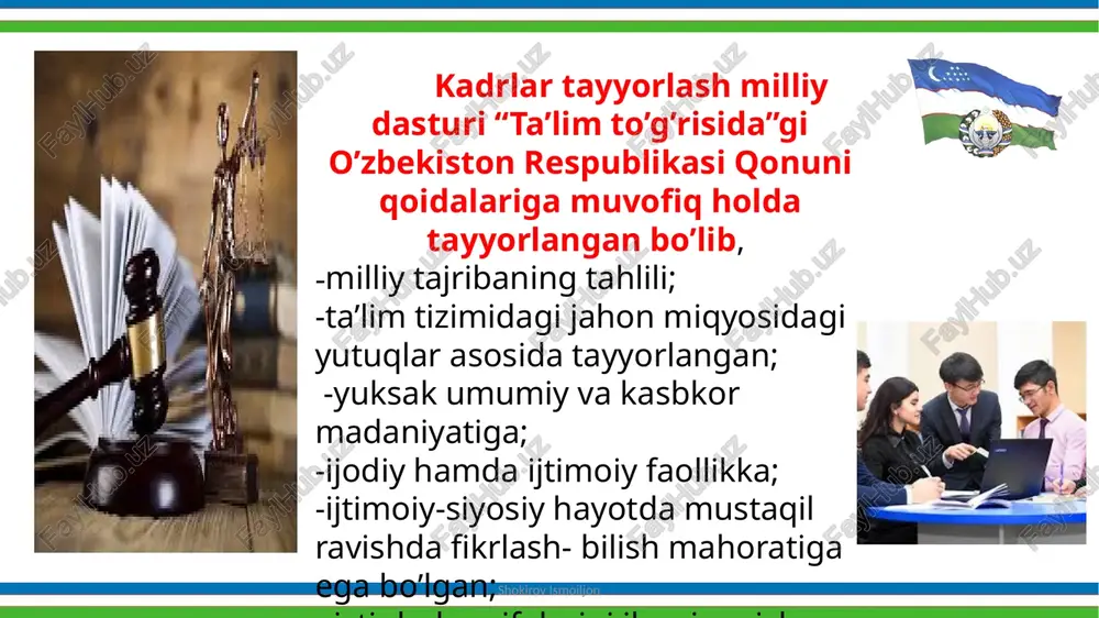 arini mustaqil ravishda o‘zlashtirishni o‘z ichiga olib, uning yakunlari bo‘yicha ta'lim oluvchilardan davlat ta'lim muassasalarida yakuniy va davlat attestatsiyalaridan o‘tish; ta'lim olish shakllarining tasnifi kengaytirildi: 7. vazirlar mahkamasi, ta'lim sifatini nazorat qilish davlat inspeksiyasi 8. prezident, ijod va ixtisoslashtirilgan maktablarni rivojlantirish agentligi, shu soha vazirliklari va mahalliy davlat hokimiyati organlarining vakolatlari tafsilotlari bilan aniqlashtirildi. 9. ta'lim-tarbiya jarayoni ishtirokchilarini ijtimoiy himoya qilish chora-tadbirlari belgilangan. 10. davlat ta'lim standartlari va talablari, o‘quv jarayoniga o‘quv rejalari va dasturlarini, tartibga solingan. 11. o‘qishga qabul qilish, maqsadli qabul qilish mexanizmi bayon etilgan; ta'lim olish shakllarining tasnifi kengaytirildi: 12. nodavlat ta'lim tashkilotlarining faoliyatini litsenziyalash – litsenziyalar ta'lim inspeksiyasi tomonidan cheklanmagan muddatga, har bir ta'lim turi uchun alohida beriladi; 13. ta'lim tashkilotlarini attestatsiyadan va davlat akkreditatsiyasidan o‘tkazish tartiblari: – ta'lim inspeksiyasi tomonidan 5 yil muddatga amalga oshiriladi. bunda nodavlat ta'lim tashkilotlari litsenziya olingan kundan e'tiboran 5 yil davomida akkreditatsiyadan o‘tgan deb hisoblanadi, bu muddat tugagach, ushbu attestatsiya …