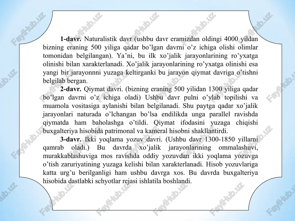 h tizimidan iborat. xo‘jalik hisobining bu turi butun davlat iqtisodiyotini va uning tarmoqlarining rivojlanish jarayonini o‘rganishga yo‘naltirilgan. uning ob’ekti alohida korxona, tashkilot, butun bir iqtisodiyot yoki uning biror tarmog‘i bo‘lishi mumkin. buxgalteriya hisobi – har qandaymulkchilik shaklidagi korxona xo‘jalik faoliyatini yalpi, uzluksiz kuzatish va nazorat qilish, sodir bo‘lgan voqea–hodisalarni hisob registrlarida qayd qilish, ularga ishlov berish hamda hujjatlarga asoslangan holda moliyaviy hisobot ko‘rinishida axborotlarni foydalanuvchichilarga taqdim qilish tizimidir. hisobning har bir turi bir xil xo‘jalik operatsiyasini turli vaziyatlarda ko‘rib chiqadi, bu esa ayrim bosqichlarda uning foydalanuvchilarini qiziqtiradigan axborot oqimlarining kesishishini istisno qilmaydi. bunga erishish hisobning barcha turlariga hos bo‘lgan muhim xususiyat, ya’ni bir xil o‘lchovlardan: natura, mehnat va pul o‘lchovlaridan foydalanish tufayli mumkin bo‘ladi. mehnat vositalari - insonning yaratayotgan buyumlariga o‘z ta’sirini o‘tkazuvchi vositalar hisoblanadi. mehnat vositalari tarkibda ishlab chiqarish qurollari (mashinalar, asbob - uskunalar, asboblar) etakchi rolni o‘ynaydi. mehnat vositalariga shuningdek, imoratlar, inshootlar, transport vositalari va xo‘jalik inventarlari ham …