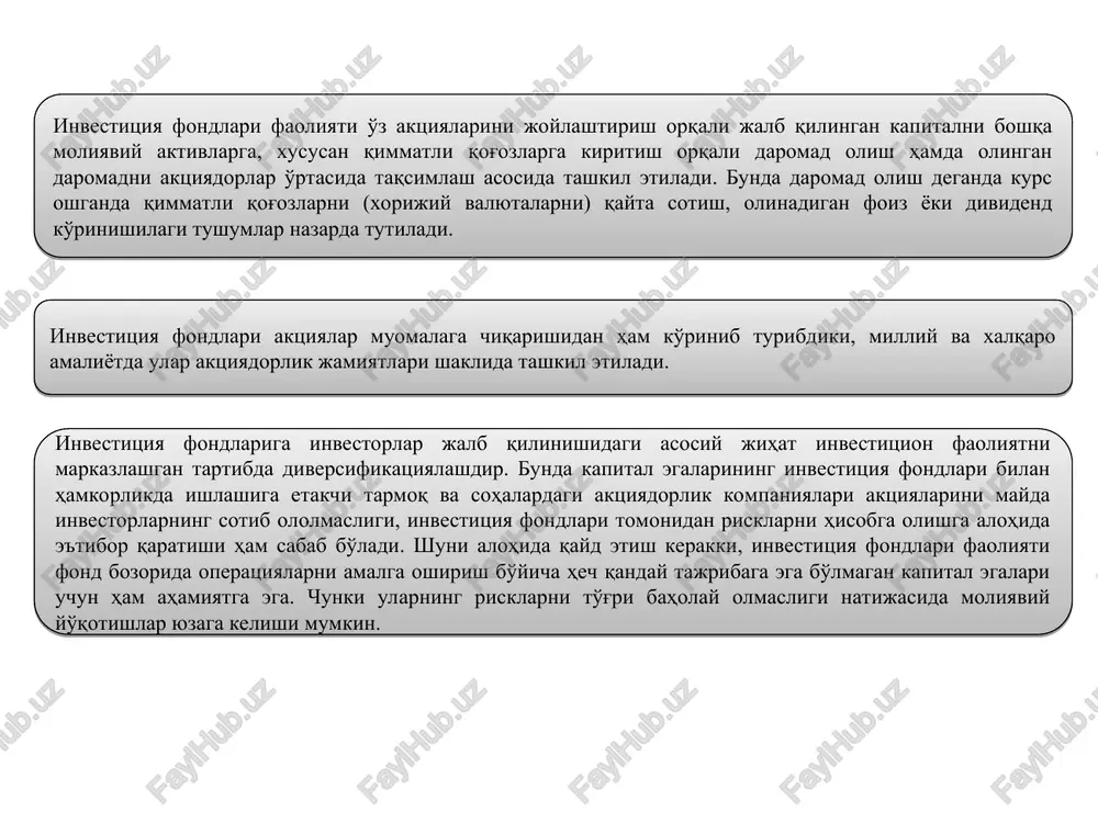 i; tashkiliy-huquqiy shakli o'z ishtirokchilarining qo'shimcha javobgarligini nazarda tutadigan xo'jalik jamiyatlarining qimmatli qog'ozlariga va ulushlariga investitsiya qilinishi; ishonchli boshqaruvchi, auditorlik tashkilotlari tomonidan chiqarilgan qimmatli qog'ozlarga, shuningdek ularning ustav kapitalidagi ulushlarini olishga investitsiya qilinishi; investitsiya faoliyati bilan bog'liq bo'lmagan yo'nalishlar bo'yicha foydalanilishi; fond investitsiya aktivlari umumiy summasining 10 foizidan ortiq miqdorda investitsiya qilinishi (bundan qimmatli qog'ozlarga qo'yish mustasno) mumkin emas. pay fondini tugatish quyidagi hollarda amalga oshiriladi: ishonchli boshqarish shartnomasining amal qilish muddati tugaganda; barcha investitsiya paylarini muomaladan chiqarish uchun buyurtmalar kelib tushganda; ishonchli boshqaruvchining litsenziyasi bekor qilinganda, agar uning pay fondini ishonchli boshqarish shartnomasi bo'yicha huquq va majburiyatlari litsenziya bekor qilingan kundan e'tiboran uch oy ichida boshqa ishonchli boshqaruvchiga berilmagan bo'lsa; pay fondi hujjatlarida ko'rsatilgan pay fondini tashkil etish va uning faoliyatini amalga oshirish maqsadiga erishilganda; investitsiya paylari egalarining pay fondini tugatish to'g'risida bir ovozdan qabul qilingan qarori mavjud bo'lganda. mamlakatimizda investitsiya va pay fondlari faoliyati 2015 yil 25 avgustda …