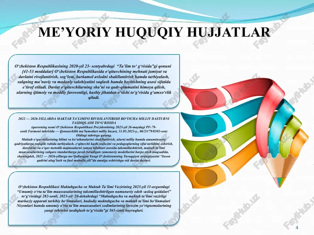 ziqarli treninglar, sport musobaqalari, madaniy-ma’rifiy tadbirlar tashkillab borish jamoa ruhiyatiga ijobiy ta’sir ko‘rsatadi 2 qulay mehnat sharoitlari va xavfsiz muhit: dasturi: rahbarlar, xodimlar va o‘quvchilar uchun qulayliklar yaratilgan va xavfsizlik tizimi ishga tushirilgan milliy gvardiya qo‘riqlash tizimi hamda mahalla yettiligi bilan hamkorlikda reja asosida ishlarni tashkillash finlandiyada xavfsizlik va qulaylik dasturida maktablarda o‘qituvchilar va o‘quvchilar uchun xavfsiz va qulay sharoitlar yaratiladi. bu o‘quvchilarning stress darajalarini kamaytiradi va ularning o‘qishga bo‘lgan qiziqishlarini oshiradi xavfsiz muhit dasturini yaratish orqali ta’lim tizimida pedagoglar va o‘quvchilar uchun qulayliklar yo‘lga qo‘yilgan bo‘lib, turli maktablarda nazorat kameralari, qo‘riqlash tizimi signallari ishga tushirilgan. endilikda ta’lim muassasasida xavfsiz muhit yaratildi va bu tizim yurtimizning barcha ta’lim muassasalarida joriy etilsa o‘z navbatida sifatli ta’lim olishga ijobiy ta’sir ko‘rsatar edi 3 qaror qabul qilish: rahbarlar pedagoglar fikrlarini inobatga olib, ularni qaror qabul qilish, o‘zini o‘zi adekvat baholay olishi ko‘nikmalarini shakllantirib borish uchun turli psixologik va salomatlik mashqlar tashkillanmoqda. maqsad stressni …