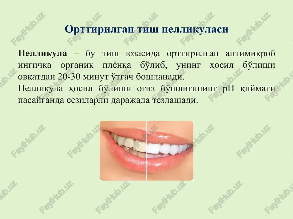olib keladi. oqsillarning to'liq gidrolizi erkin aminokislotalarning chiqarilishiga olib keladi. l-glutamatning qoldig'i l-g-karboksiglutamatning qoldig'i 4. proteinazalar ta'sirida hosil bo'lgan aminokislotalar salbiy zaryadlari tufayli kaltsiy ionlari va boshqa ionlarni faol ravishda bog'laydi. bundan tashqari, ular mikroorganizmlarning hayotiy faoliyatini va ularning hujayradan tashqari polisaxaridlarni sintezini ta'minlashda qo'shimcha substratdir. tarmoqlanish asosiy zanjir yon zanjir yon zveno 5. glikozidaza fermentlari ta'sirida olingan uglevodlar, shuningdek oziq-ovqatning uglevod qoldiqlari mikroorganizmlar tomonidan yopishqoq polisaxaridlar – glikanlar sintezida ishlatiladi: dekstran (glyukozadan) va levan (fruktoza va saxarozadan). ushbu polisaxaridlar blyashka mikroorganizmlarining bog'lanishini yoki birlashishini ta'minlaydi va mikroorganizmlar uchun hujayradan tashqari uglevod ombori bo'lib xizmat qiladi. 6. aminokislotalarning katabolizmi ammiak hosil bo'lishi bilan kechadigan jarayonlar tufayli blyashka ishqorlanishiga olib keladi, masalan: aminokislotalarning dezaminlanishi, karbamid ureazasining gidrolizi, bakterial reduktazalar ta'sirida nitrat va nitrit ionlarining ammiakgacha qaytarilishi. 7. ishqorlanish natijasida organik birikmalardan fosfat chiqaradigan ishqoriy fosfatazaning ishlashi uchun maqbul sharoitlar yaratiladi, bu esa uning kontsentratsiyasining oshishiga olib keladi. yuqoridagi jarayonlar natijasida blyashka …