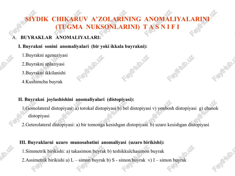attalikga ega bo’lgan xaltachalar egallaydi. buyrakning tashki ko’rinishi, uzumning shingiliga uxshagan bo’ladi. buyraklar ko’pgina xolatda kattalashgan bo’lsa, ayrim bemorlarda uning xajmi o’zgarmagan, va xattoki kichiklashgan bo’ladi. buyraklardagi polikistoz nasil orqali beriladigan xastalikka kiradi. embriogenezning birinchi xaftalik davrida buzilishi natijasida kelib chiqadigan polikistozlar uchta guruxlarga bo’linadi: glomerulyar tubo’lyar va ekskretorlarga. glomerulyar polikistozda xaltachalar buyrak naychalari sistemasi bilan bog’’liq bo’lmaydilar. shuning uchun xaltachalar xajmi xamma vakt bir xolatda qoladilar. bunday nuqsonlar buyrak faoliyatining tezdan buzilishiga olib keladi va natijada bemorlar nobut bo’ladi. epispadiya siydik chiqarish kanali nuqsonlaridan biridir. bunda siydik chiqarish kanalining dorsal devori yirilib, olat g‘ovak tanalari ham bir-biri bilan zich yopishmagan bo‘ladi. tasnifi. o‘g‘il bolalarda quyidagicha: olat boshi epispadiyasi; tana epispadiyasi; total epispadiya bo‘ladi. olat boshi epispadiya-sida uretra yirilib, dorsal devori faqat olat boshida bo‘lmay-di, tana epispadiyasida esa bu hol olat tanasida kuzatiladi. to-tal epispadiyada siydik chiqarish kanalining barcha qismidauretraning dorsal devori bo‘lmaydi, bu hol qovuq sfinkteridaham aniqlanishi mumkin. shuninguchun …