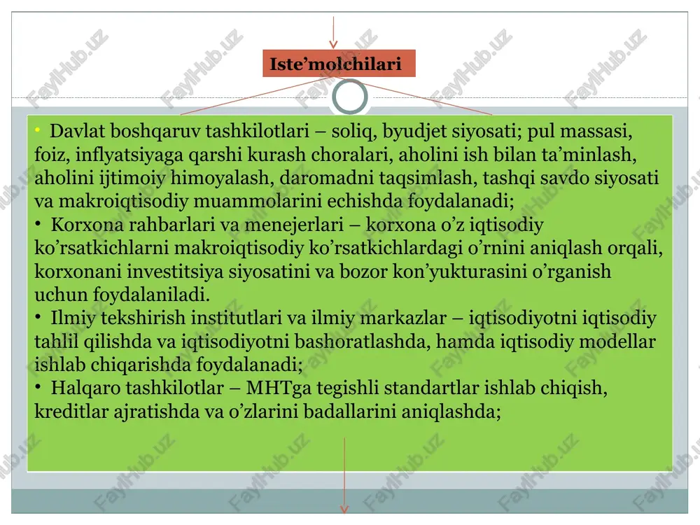 tseptsiyaga asosan milliy iqtisodiyot katta ko’p o’lchamli tizim deb va uni ob’ektlari turli tuman iqtisodiy jarayonlardan iborat deb tushuniladi. shu tizimni asosi iqtisodiy aylanish bo’lib va u o’ziga barcha takror ishlab chiqarish jarayonla- rini oladi, ya’ni ishlab chiqarish, daromadlarni taqsimlash va qayta taqsimlash, ularni pirovard iste’moli va jamg’arishda foydalanish jarayonlarni o’z ichiga oladi. har bir iqtisodiy jarayon maxsus schyotlarda shakllanadi. hamma schyotlar bir-biri bilan uzviy bog’lanib ma’lum jarayonlarni o’z ichiga oladi. iqtisodiy ishlab chiqarish – ishlab chiqaruvchi birlik tomonidan, mehnat, sarmoya, er, tovar va xizmat sarflab natijasi yangi boshqa turdagi tovar yoki xizmatlarni yaratib, iste’molchi (pulga yoki tekinga) etkazib berish jarayonidir. iqtisodiy ishlab chiqarish chegarasi yalpi ichki maxsulot va yalpi milliy daromad yaratuvchi barcha sohalar tovarlar ishlab chiqarish shu jumladan o’zini iste’moli uchun ishlab chiqarilgan mahsulotlar. iste’molchini talabi asosida ko’rsatilgan pulli xizmatlar moliyaviy vositachilik faoliyati (banklar, sug’urta va boshqa moliya tashkilotlar) mamlakat aholisiga nobozor xizmatlar ko’rsatish (mudofaa, militsiya, sud, ijtimoiy …