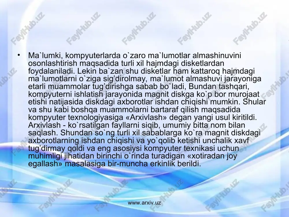 olishi kerak deb bejiz aytilmagan. www.arxiv.uz www.arxiv.uz winzip dasturining ish usuli winzip dasturining ikki ish usuli: winzip wizard (master winzip) va winzip classic (klassik usuli) mavjud. ish usulini tanlashni winzip dasturini kompyuteringizga o`rnatgandan so`ng amalga oshirishingiz mumkin. ish davomida esa boshqaruv elementlari yordamida bemalol bir usuldan boshqa usulga o`tish mumkin. winzip wizard usuli soddaroq usul bo`lib, bir marotabali ma`lum vazifani - hosil bo`lgan faylni arxivdan chiqarishga mo`ljallangan. www.arxiv.uz www.arxiv.uz arxivlardan chiqarish winzip dasturini boshlang’ich menyu orqali ishga tushiring. chiqarishingiz kerak bo`lgan arxivni oching. buning uchun winzip wizard bosh oynasida file open archive (fayl - arxiv ochish)ni tanlang. yoki winzip bosh oynasida oren (chiqarish) tugmasini bosing. agar arxiv qattiq diskda joylashgan bo`lsa ish mobaynida ilgari ochilgan bo`lishi ham mumkin. bu holda arxivni favorites (taylangan) buyruq tugmasi orqali ochish qulayroqdir. bu buyruq tugmasini birinchi bor qo`llaganingizda, winzip shaxsiy kompyuterning barcha qattiq disklarini ko`rib chiqib, winzip kengligiga ega fayllarni bitta ro`yxatga to`plab qo`yadi. …