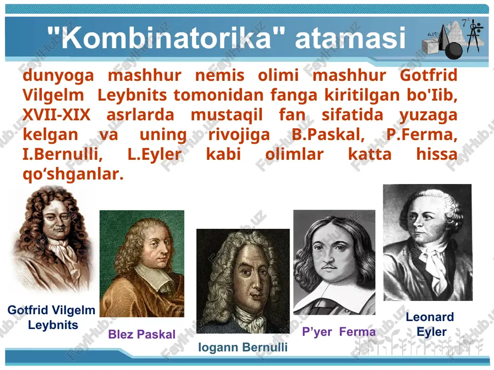 tali not, basa, alta, dve skripki i seli na lujok pod lipki,- plenyat svoim iskusstvom svet. udarili v smichki, derut, a tolku net. "stoy, brattsi, stoy! - krichit martishka. - pogodite! kak muzike idti? ved vi ne tak sidite. *** *** *** *** *** poslushalis osla: uselis chinno v ryad; a vse-taki kvartet neydet na lad. vot pushe prejnego poshli u nix razbori i spori, komu i kak sidet…» i.a. krilov «kvartet» v soderjanii basni mojno legko rassmotret zadachu kombinatoriki: skolkimi razlichnimi sposobami mogut sest muzikanti?»: pervoe mesto mojet zanyat lyuboy iz chetiryox zverey, vtoroe - lyuboy iz tryox drugix, trete - lyuboy iz dvux ostavshixsya, nu a chetvyortoe mesto zaymyot edinstvenniy ostavshiysya zver, posle togo kak tri pervix mesta zanyali. znachit, esli primenit pravilo proizvedeniya, to poluchim, chto chislo perestanovok iz chetiryox elementov (chetiryox zverey) ravno r4 = 4! = 4 * 3 * 2 * 1 = 24 …