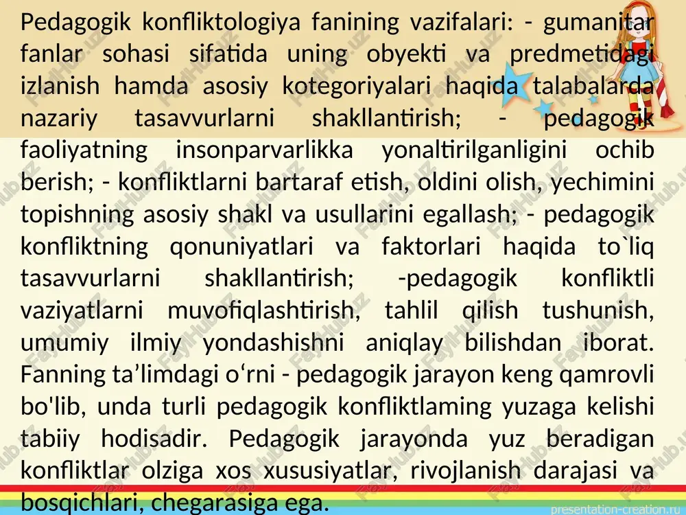 birgalikdagi faoliyatni mohirlik bilan uyushtiradi, tarbiyalanuvchining fikri, tuyg'usi va irodasini bevosita va bilvosita boshqarish san’atini egallagan bo`ladi. tarbiyalanuvchi muomala odobini asosan tarbiyachi tirosolida anglab oladi. ustoz tarbiyalanuvchi uchun bir umrga sevimli, ideal, ibrat, namuna bo'lib qolishga muyassar bo£lmogsi lozim. pedagogik konfliktlaming kelib chiqish sabablari gurulidagi har bir shaxsning fe’l-atvoridagi xatti-harakatlarida shaxsga rnansub bo‘lgan millat, xalq va hudud xususiyatlarida namoyon bo‘iadi. konfliktlarning namoyon bo‘lish shakllari va turlari konfliktlami namoyon bo`lish turiga ko‘ra ikkiga bo‘lish mumkin: agonistik (murosaga keladigan) va antagonistik (murosasiz). agonistik konfliktlar uchun quyidagilar xos: 1) konfrontatsiya (konflikt) - sotsial guruhlaming qarama-qarshisiyosiy, ekologik, sotsial manfaatlarga passiv qarshi turishi. konfrontatsiya ochiq to‘qnashuv shaklini olmaydi, ammo farqli qarashlar mavjudligini ko'zda tutib, raqobatga o`sib ketishi mumkin; 2) raqiblik - alohida odam yoki biron-bir jamoat yutuqlari va imkoniyatlari e’tirof etilishi uchun kurash. raqiblik maqsadi - yaxshi sotsial pozitsiyaga ega bo£lish, e’tiborli yutuqlarga erishish. raqiblik rivojlanib, raqobatga o‘tishi mumkin. 3) raqobat - konfliktning alohida toifasi …