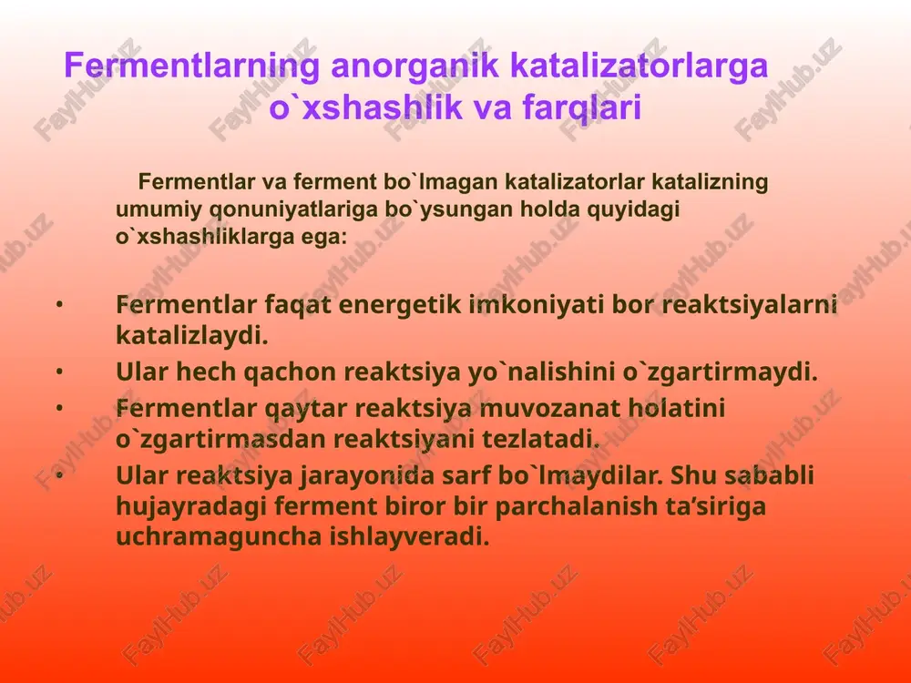 oshqaruvchi markazlari borligi aniqlangan. substrat molekulasi bilan ferment faol markazi o`rtasidadagi bog` yetarli darajada kuchsiz bo`lishi kerak. chunki reaktsiya tugaganidan so`ng hosil bo`lgan mahsulot faol markazdan osonlik bilan ajralishi kerak. faol markazdagi substrat molekulalari vodorod bog`lari yoki ion guruhlarining o`zaro ta’siri natijasida ushlab turliadi. hosil bo`lgan mahsulotlar shakli jihatidan faol markazga mos kelmaydi. shu sababli ular faol markazdan ajraladilar, faol markaz esa boshqa substrat molekulalarini qabul qilishga tayyor bo`ladi. mixaelis-menten fikri bo`yicha fermentativ kataliz jarayonining borishi: fermentativ kataliz jarayonini shartli ravishda o`ziga xos 3 bosqichga bo`lish mumkin: substratni fermentga diffuziyalanishi va uni fermentni faol markazi bilan bog`lanib, ferment-substrat kompleksi – es ni hosil bo`lishi. birlamchi ferment-substrat komplekslaridan bir yoki bir nechta faollashgan ferment-substrat komplekslari – es* va es** ni hosil bo`lishi. fermentning faol markazidan reaktsiya mahsulotini ajralishi va muhitga tarqalishi – em kompleksi e va m (mahsulot) ga ajraladi. 1894 yilda nemis kimyogari fisher fermentning o`ziga xosligi uning shakliga bog`liq …