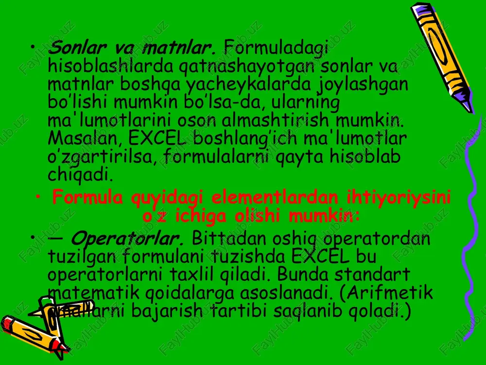 atkichi bilan tanlash lozim. «master funktsiy » (funktsiyalar ustasi) ikkita muloqot shaklidagi darchasiga ega. * kategoriyalar darchada 11 ta turli xil soxalarga tegishli bo’lgan funktsiyalar kategoriyalari berilgan. agar foydalanuvchining masxus funktsiyalari xam ko’llanilsa, bu kategoriyalar soni undan xam ko’p bo’lishi mumkin. funktsiyalar ro’yxatidagi kategoriyalardan biri tanlab olinsa, muloqot oynasida shu funktsiya kategoriyasiga tegishli funktsiyalarning ro’yxati chiqadi. ro’yxatlar darchasida funktsiyalardan biri tanlab olinsa, argumentlar ro’yxati bilan foydalanish haqida qisqacha ma'lumot paydo bo’ladi. bu quyidagi rasmda keltirilgan * * «master funktsiy» (funktsiyalar ustasi) bilan ishlash haqida tavsiyanomalar 1. agar tanlangan funktsiya haqida qo’shimcha ma'lumot olmoqchi bo’lsangiz, unda sichqoncha ko’rsatkichini «spravka» (ma'lumot) tugmasiga olib borib bosing. 2. yangi funktsiyani kiritishda « master funktsiy » (funktsiyalar ustasi) avtomatik ravishda kator boshiga «=» (teng) belgisini qo’yadi. 3. «master funktsiy» (funktsiyalar ustasi) ni chaqirishda yacheyka bo’sh bo’lmasa, unda yacheykadagi ma'lumotlar o’chirib tashlanadi. 4. « master funktsiy » (funktsiyalar ustasi) ni mavjud bo’lgan formulaga yangi funktsiyani kiritishda …