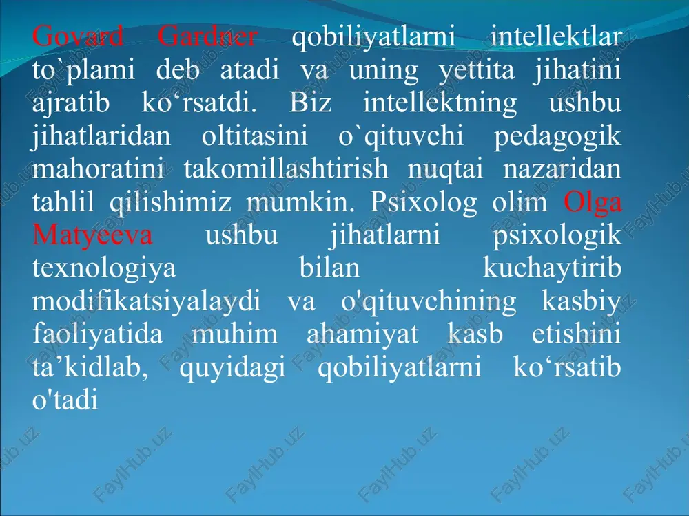 r asosida jahon andozalariga, hozirgi zamon talablariga javob berishi kerak tashkilotchilik qobiliyati: pedagogik qobiliyatning tarkibiy qismidir. u sinf o‘quvchilarining o’qituvchi tomonidan turli jamoat ishlariga, to‘garaklarga jalb qila olishida, sinf jamoasining har bir o‘quvchiga faol vaziyatni ta’minlab berishida namoyon bo’ladi. konstruktiv qobiliyat:o’qituvchining o’quv-tarbiyaviy faoliyatni puxta rejalashtirishi asosida yuzaga keladigan kasbiy pedagogik vaziyat bosqichlarini oldindan ko‘ra olishi. bilish qobiliyati. o’qituvchining o‘z fanini va boshqa fanlarni chuqur bilishida, o‘zlashtirishi va amaliyotda namoyon etishi anglash(tushunish)qobiliyati: o’qituvchining ziyrakligi va uddaburonligi, voqea va hodisalarni chuqur idrok etib, ularga adolatli munosabatda bo’lishi.
