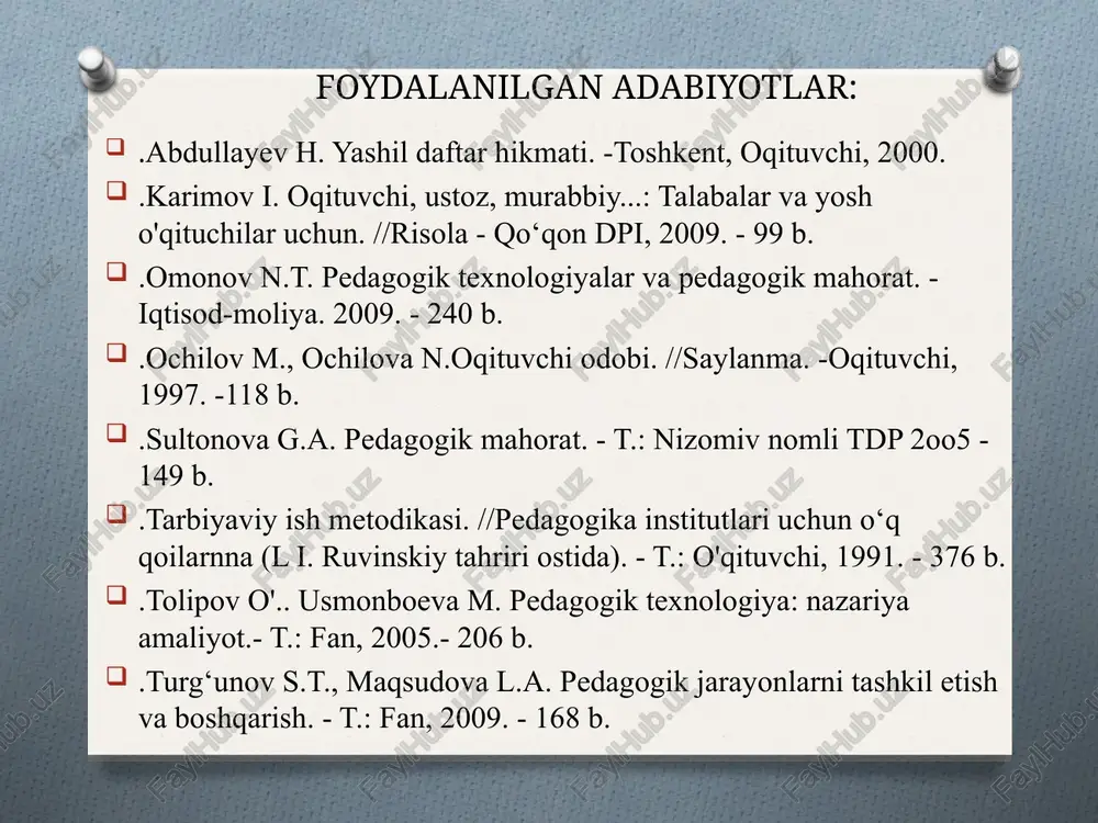 ladi. e’tiboringiz uchun raxmat! alisher alisher navoiy navoiy (1441 (1441 - - 1501) 1501)   adabiyot adabiyot , , tarix tarix , , tilshunoslik tilshunoslik , , xattotlik xattotlik , , musi q a musi q a , , me'morchilik me'morchilik , , ta'lim ta'lim - - tarbiya tarbiya so h alari so h alari rivojiga rivojiga o'zining o'zining buyuk buyuk h issasini h issasini q o'shgan q o'shgan . .   ta'lim ta'lim - - tarbiyaga tarbiyaga oid oid asarlari asarlari : : 1. 1. “ “ xamsa xamsa ” ” 2. 2. “ “ ma h bub ma h bub ul ul - -q ulub q ulub ” ” 3. 3. “ “ munojot munojot ” ” 4. 4. “ “ va q fiya va q fiya ” ” 5. 5. “ “ majolisun majolisun nafois nafois ” ” 6. 6. “ “ mu h okamat …