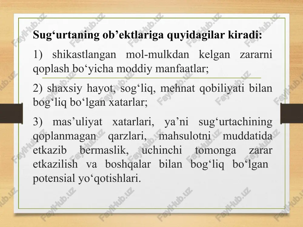 arini xarakterlovchi miqdoriy ko‘rsatkichlar o‘z ichiga sug‘urta kompaniyalari soni, sug‘urta operatsiyalari o‘lchovlari, sug‘urtalovchilar va sug‘urta agentlarining soni, talofot ko‘rgan ob’ektlar soni, tuzilgan shartnomalar miqdori, ustav kapitali, sug‘urta badallari va to‘lovlari summalari va boshqa ko‘rsatkichlarni oladi. nisbiy va o‘rtacha ko‘rsatkichlar yordamida sug‘urta bozorining intensivligi va samaradorligi xarakterlanadi, shuningdek daromadlar va xarajatlarning tarkibi, talofot ko‘rgan ob’ektlarning xissasi, sug‘urta qoplami to‘lovlarining sug‘urta turlari va shakllari bo‘yicha ulushi va boshqalar xarakterlab beriladi. sug‘urtaning tipik jarayonlarini o‘rganishda xususan sug‘urta badallari, sug‘urta yuklamalari va to‘lovlari, tarif stavkalari, sug‘urta summalarining zarari ko‘rsatkichlari, moliyaviy turg‘unlik koeffitsientlari va boshqa umumiy ko‘rsatkichlarda o‘rtacha miqdorlarni hisob-kitob qilishga murojaat qilinadi. alohida guruhni sug‘urtaning umumlashtiruvchi ko‘rsatkichlari tashkil qiladi, ular sug‘urta tashkilotlari ishining umumiy ko‘rsatkichlarini o‘zaro bog‘liqligini va ularga aloxida omillarning ta’sirini xarakterlab beradi. sug‘urtaning ko‘rsatkichlar tizimi butun mamlakat bo‘yicha, shuningdek iqtisodiy xududlar, viloyatlar, shaharlar va tumanlar bo‘yicha hisoblab chiqiladi. sug‘urta statistikasida umumlashtiruvchi ko‘rsatkichlar bilan bir qatorda guruhlash usuli keng qo‘llaniladi. sug‘urta tashkilotlari mulkchilik …