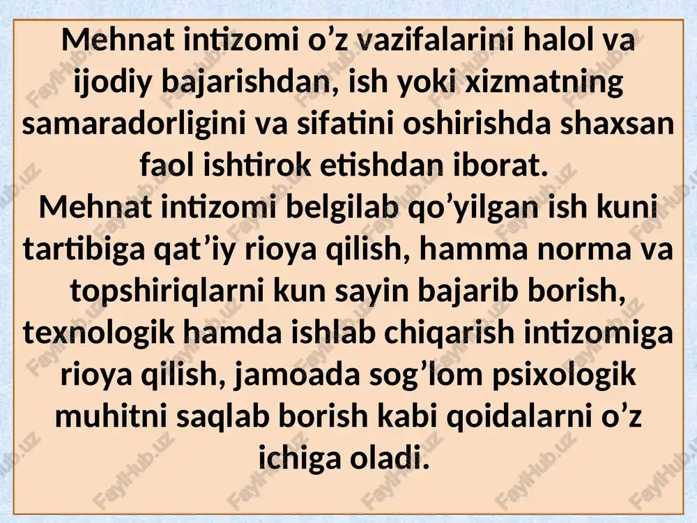 arda tutilgan intizomiy choralarni qo‘llashdan iborat javobgarlikdir. 301-modda. xodimni intizomiy javobgarlikka tortish asosi xodim tomonidan intizomiy qilmish sodir etilishi xodimni intizomiy javobgarlikka tortish uchun asos bo‘ladi. intizomiy qilmish deganda xodim tomonidan o‘z mehnat majburiyatlarini aybli tarzda, g‘ayriqonuniy ravishda bajarmaganligi yoki lozim darajada bajarmaganligi (mehnat (lavozim) majburiyatlarining buzilishi) tushuniladi. agar xodimning o‘z mehnat (lavozim) majburiyatlarini bajarmaganligi yoki lozim darajada bajarmaganligi xodimga bog‘liq bo‘lmagan sabablarga ko‘ra yuz bergan bo‘lsa (xodimning o‘z mehnat vazifalarini bajarish uchun ish beruvchi tomonidan zarur shart-sharoitlar ta’minlanmaganligi, fors-major holatlari va hokazolarda), xodimni intizomiy javobgarlikka tortishga yo‘l qo‘yilmaydi. 13 fors-major – bu tomonlarning irodasi va faoliyatlariga bog‘liq bo‘lmagan tabiat hodisalari yoki ijtimoiy-iqtisodiy holatlar sababli yuzaga kelgan sharoitlarda tashqi savdo bitimlari va xalqaro shartnomalar bo‘yicha tomonlarga qabul qilingan majburiyatlarni bajarish imkonini bermaydigan favqulodda, oldini olib bo‘lmaydigan va kutilmagan holatlar image1.jpeg image2.jpeg image3.jpeg image4.jpeg /docprops/thumbnail.jpeg