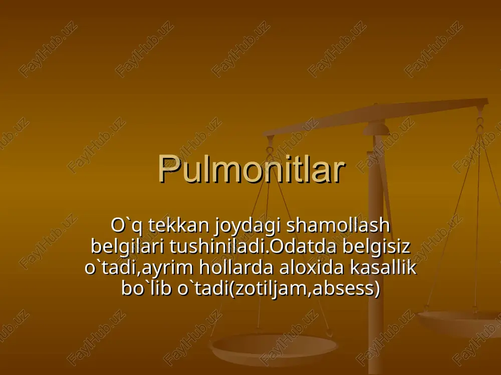 i. kolitlar shikastlanishdan ancha keyin paydo bo`lishi mumkin.bunda qorinda og`riq turishi,metiorizm,ich ketishi,bazida tana zarorati ko`tarilishi kuzatiladi.kolitlarni ichburug`,ichak silidan farqlash kerak. jaroxatlangan zaxoti,qon yo`qotishi tufayli kam qonlik chiqishi mumkin.odatda kamqonlik yirik tomirlar jaroxatlamganda ro`y berib,vaqtida(ayniqsa qshda) tibbiy yirdam berilmasa yarador o`limiga sabab bo`ladi.qorin soxasi shikastlarida ichga qon ketib,kamqonlik yuzaga kelganligi darxol sezilmaydi.keyinchalik yaraga yuqumli asoratlar qo`shilishi bilan kamqonlik surinkalik kechishi mumkin.yaradorda keyinchalik kelib chiqadigan kamqonlikni o`rganish shuni ko`rsatdiki bunda asosan eritrositlaryetilishi zarar ko`rar ekan.kechki anemiyalar kelib cjiqishiga asosan anaerob infeksiyalar sabab bo`ladi.bu mikroorganizmlarning qon tarkibini buzuvchi zaxarlar ishlab chiqarishi bilan tushintiriladi. davolash.yardorlarni tibbiy xodimlar kuzatuvida shifoxonaga jo`natishniyo`g`ri tashkil etish ularni vitaminlarga boy ovqat maxsulotlari bilan taminlash,yuqumli asoratlarga qarshi kurashish turli sog`lomlashtiruvchi mashqlar o`tkazish kerak tibbiy ko`chirish bosqichlari yaradorlarni isitish,issiq ovqat berish,yurak-yomirlar faoliyatini yaxshilovchi dori-darmonlar yuborish urush yillarida kasalliklarning oldini olishda keng qo`llanildi.bosh va ko`krak qafasi jaroxatida a.v,vishnevskiy usuli bo`yicha vago-simpatik blokadadan foy-di.bosh va yuz shikastlanishida reflektor yoyini uzishdan tashqari,aspiratsiyaning oldini oluvchi …