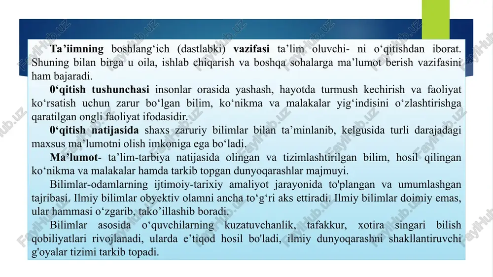 va ketma-ketlik; a)savollarga javob bering: 1. asosiy pedagogic kategoriyalar nima? 2. pedagogika qachon va qanday qilib paydo bo`lgan? 3. pedagogik jarayon haqida nimalarni bilasiz? 4. tarbiya nazariyasi nima? 5.tarbiya nazariyasining vujudga kelish tarixi va markaziy osiyo mutafakkirlarining shaxs tarbiyasi haqidagi qarashlari haqida nimalarni bilasiz? 6. ta’lim nazariyasi nima? 7. oliy ta’limning qanday tashkiliy shakllarini bilasiz? 1) o’quvchilardan o’z xayollariga kelgan fikrlarni to’xtatmasdan yozish so’raladi; 2) muhokama uchun savol o’rtaga tashlanadi; 3) besh minut tugadi, deb aytiladi, biroq fikrni tugatish uchun yana bir minut qo’shib beriladi; 4) birikma bo’yicha so’z bilan uning yonida mavzu bilan bog’liq so’z va takliflar kichik doirachalar “yo’ldoshlar” yozib qo’shiladi; 5) chalkashlikni aniqlash, fikrlarni to’g’ri o’ringa qoyib chiqish talab etiladi; 6) o’quvchilarning g’oyalari doskaga yozib boriladi; 7) yozuv taxtasi yoki katta qog’oz varag’ining o’rtasiga asosiy so’z yoki 1-2 iborat bo’lgan mavzu nomi yoziladi; 8) mashg’ulotning kirish qismida jadvalning birinchi va ikkinchi ustunlari to’ldiriladi; 9) tizimli fikrlash, sistemaga …