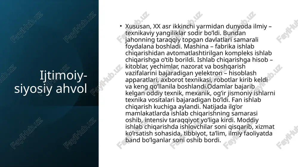 ilgan dasturi yo’q yedi. ikkinchidan, partiya rahbarlari bundan manfaatdor yemasdilar. qayta qurishning natijalari va tarixiy ahamiyati xullas, m.s. gorbachev boshchiligida kpss rahbariyatining bir qismi tomonidan boshlangan qayta qurish siyosati mamlakat hayoti va umuman jahonda ma’lum o’zgarishlar sodir bo’lishiga olib keldi (oshkoralik, siyosiy plyura lizm, «sovuq urush»ning tugashi va h.k.). qayta qurishni amalga oshirishdagi qarama – qarshilik va noizchilliklar natijasida 80 – yillarning oxiri – 90 – yillarning boshidan mamlakat hayotining barcha sohalarida bo’hronlar kuchayib ketdi. qayta qurish sobiq sssrda to’planib qolgan muammolarni to’la hal yetishga xizmat qilmadi. mustaqillik, demokratiya va yerkinlik g‘oyalariga to’g‘ri kelmaganligi tufayli ham amaliy samara bermadi. oxir oqibatda kpss ning halokati va sssr ning tugashiga muayyan turtki bo’ldi. sovet boshqaruvi va oʻzbekistonning mavqei 1980-yillarning boshida oʻzbekiston sovet ittifoqining bir qismi boʻlib, moskvaning qattiq nazorati ostida edi. respublika oʻzbekiston kommunistik partiyasi tomonidan boshqarilar, barcha muhim qarorlar kpss (kommunistik partiya) orqali qabul qilinar edi. markaziy hukumat respublikani asosan xomashyo …