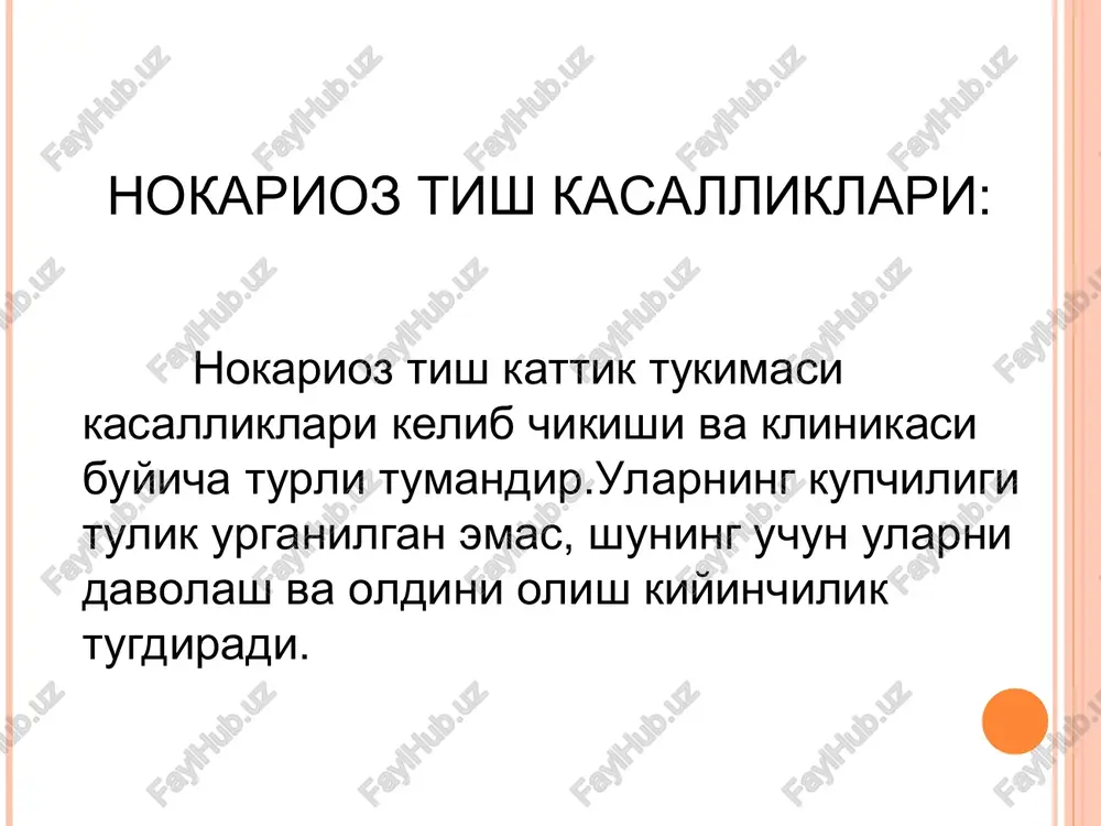 l burchaklarida buladi, urta kimidagi dentin emal bilan koplanmagan buladi. pflyuger tishlari – birinchi katta ozik tishlarida tish buyin kismi atrofi diametri chaynov yuzasinikidan katta, dumboklari esa rivojlanmagan, natijada tishga konus shaklini beradi. pflyuger tishlari rivojlanishi sifilitik infektsiya natijasida kelib chikadi. furne tishlari– bu otvertkasimon markaziy kesuv tishlari, lekin kesuv kirgogida yarim oysimon kesik bulmaydi. maxalliy gipoplaziya sabablari: jag'ning sinishi – agar sinish chizig'i rivojlanayotgan follikula sohasidan o'tsa; sut tishining qoqilib chiqishi; sut tishidagi surunkali periodontit o'chog'i; sut tishini davolash yoki olish vaqtidagi qo'pol ishlash. old kurak tishi mahalliy gipoplaziyasi sut chap kurak tishi priodontiti doimiy tish mahalliy gipoplaziyasini keltirib chiqaradi surunkali ostit pastki premolyar tish mahalliy gipoplaziyasi maxalliy gipoplaziya- yukorigi markaziy kesuvchi tishlarda melsimon dog. maxalliy gipoplaziya dog' shaklidagi gipoplaziyani qiyosiy tashxisi: eroziv shaklidagi gipoplaziyani qiyosiy tashxisi: tetratsiklinli tishni okartirish a - davolashgacha; b – davolashdan sung. tishlarni okartitish a – tish rangini aniklashtirish; b – tish oakrtirish darajasini …