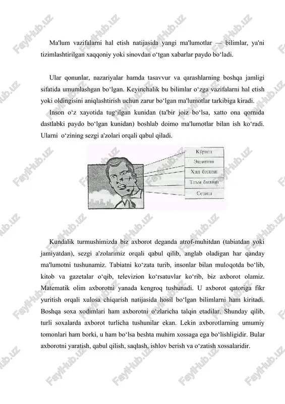 o‘lgan axborot ham foydalanuvchining qabul qilgan qarorlari samaradorligini kamaytiradi. g) axborotning aktualligi (dolzarbligi) — axborotdan foydalanish vaqtida uning boshqarish uchun qimmatliligi saqlanib qolishi bilan belgilanadi va uning xususiyatlari o‘zgarishi dinamikasi hamda ushbu axborot paydo bo‘lgan vaqtdan buyon o‘tgan vaqt oralig‘iga bog‘liq bo‘ladi. d) axborotning o‘z vaqtidaligi — uning avvaldan belgilab qo‘yilgan vazifani hal etish vaqti bilan kelishilgan vaqtdan kechikmasdan olinganligini bildiradi. e) axborotning aniqligi — olinayotgan axborotning ob'ekt, jarayon, xodisa va xokazolarning real holatiga yaqinligi darajasi bilan belgilanadi. j) axborotning ishonarliligi — axborotning real mavjud ob'ektlarni zarur aniqlik bilan ifoda etish xususiyati bilan belgilanadi. z) axborotning barqarorligi — axborotning asos qilib olingan ma'lumotlar aniqligini bo‘zmasdan o‘zgarishlarga ta'sir qilishga qodirligini aks ettiradi. informatika uchun axborotni qabul qilish, saqlash, o‘nga ishlov berish va o‘zatishda axborot texnologiyalari vositalaridan qanday foydalanish kerakligi muammosi eng asosiy bo‘lgani uchun axborotlarning tasnifi ham o‘ziga xosdir. jumladan, informatikada analogli va raqamli axborotlar ishlatiladi. inson sezgi a'zolari analogli (o‘zluksiz) …