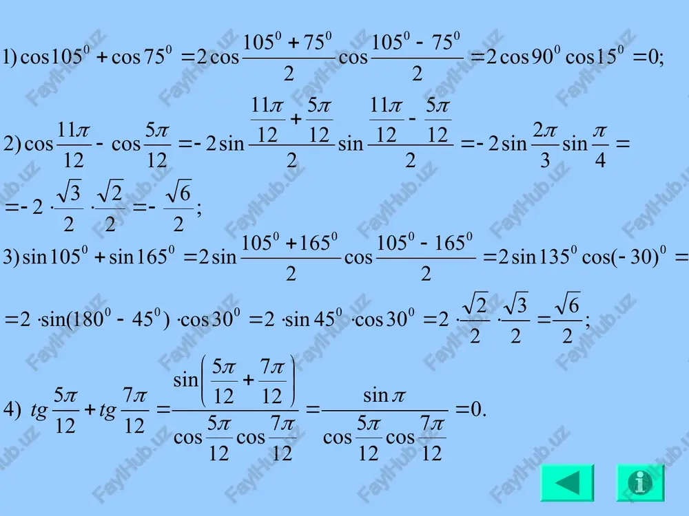 a a sin 2 3 cos = ÷ ø ö ç è æ + p tga k a tg = + ) ( p ctga k a ctg = + ) ( p ctga a tg = ÷ ø ö ç è æ - 2 p ctga a tg - = ÷ ø ö ç è æ + 2 p tga a ctg = ÷ ø ö ç è æ - 2 p tga a stg - = ÷ ø ö ç è æ + 2 p z k î 0 135 sin ) 1 tablits bez vichislite . 2 2 ) ; 3 ) ; 2 2 ) ; 2 2 2 ) - g v b a . 2 1 ) ; 2 2 ) ; 2 2 1 ) ; 2 1 ) - - g v b a . 2 21 ) ; 2 1 ) …