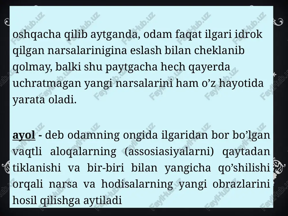 r bo’ladi. xotira tasavvuridagi narsa doimo tanish narsadek his qilinadi. xayol tasavvurlari esa yangilikni his qilish tuyg’ularini beradi. xayol tasavvurlari insonning qiziqish va ideallari bilan bog’liq bo’lgani sababli yangilikni his qilish tuyg’ulari oqibatida vujudga keladi. xayol turlari passiv xayol ixtiyorsiz shirin xayol tush ko'rish gallyutsinatsiya aktiv xayol ixtiyoriy qayta tiklovchi ijodiy orzu 22675642