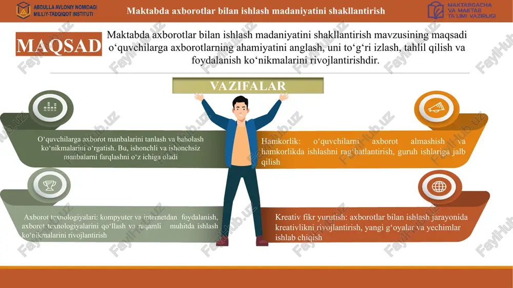 zamonaviy ta'lim jarayonining ajralmas qismidir. bu jarayon o‘quvchilarga axborotlarni izlash, tahlil qilish, foydalanish va baholash ko‘nikmalarini shakllantirishga yordam beradi. axborotlar bilan ishlash madaniyati nafaqat bilimlarni kengaytirishga, balki o‘z fikrini erkin ifoda etish va muammolarni hal qilish qobiliyatini rivojlantirishga ham xizmat qiladi. o‘tgan yillarda global axborot kengayishi va raqamli texnologiyalarning rivojlanishi bilan birga, maktabda axborotlar bilan ishlash madaniyatini shakllantirishga e'tibor yanada ortdi. o‘quvchilarni turli manbalardan ma’lumot to‘plash, elektron resurslardan foydalanish va axborotni samarali tarzda taqdim etish kabi ko‘nikmalarga o‘rgatish, ularning kelajakdagi faoliyatlari uchun zaruriy kompetensiyalarni rivojlantiradi. xulosa qilib aytganda, maktabda axborotlar bilan ishlash madaniyatini shakllantirish, o‘quvchilarning akademik muvaffaqiyatini oshirish, tanqidiy fikrlash va innovatsion yondashuvlarni rivojlantirishda muhim rol o‘ynaydi. bu nafaqat yutuqlarga olib keladi, balki zamonaviy dunyoda muvaffaqiyatli shaxs bo‘lib shakllanishlariga yordam beradi. xulosa maktabda axborotlar bilan ishlash madaniyatini shakllantirish ta'lim dasturlari: axborot texnologiyalari va axborot xavfsizligi bo‘yicha alohida kurslar joriy etish. 2. seminar va treninglar: o‘qituvchilar va o‘quvchilar uchun axborot bilan …