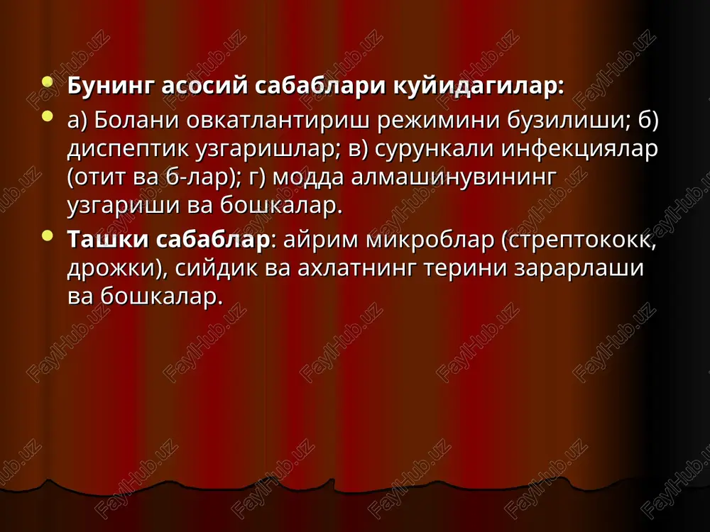 ing atrofida kizarish, eksudativ papula, mikrovezikula, pustula buladi. elementlar usti kukish-sarik yiringli va konli pustlog bilan koplangan. pustlog bilan koplangan yuzasi kizil rangda bulib, oson konaydi. xar joy-xar joyda xakikiy ekzemaga uxshab suv chikadi. ba'zan mikrobli ekzema operatsiyadan keyin trofik yara atrofida madda, yalliglangan eritema, papula xosil kilib boshlanadi. bunday xollarda mikrobli ekzemani paratravmatik yoki yara atrofidagi ekzema deyiladi. mikrobli ekzemaning kuyidagi turlari ma'lum: varikoz, nummulyar, sikozsimon, paratravmatik, ayollar sut surgichi atrofidagi ekzema. a) nummulyar – mikrobli ekzemaning bu turida jaroxatlangan joylarda teri satxidan kutarilgan, sog teridan anik ajralib turadigan, diametri 1-2 sm keladigan yumalok shakldagi bir tup eksudativ papula, kizarish, ishish va suv chikkan kasallik uchogi buladi. b) varikoz ekzema – oyokdagi kon tomirlari varikoz kattalashgan odamlarda, shu venalar atrofida ekzema paydo bulishdir. kupincha ekzema varikoz kattalashgan venani davolash uchun ishlatilgan dorilar tasiri natijasida xosil buladi. v) sikozsimon ekzema. sikoz bilan ogrigan bemorlarda, jaroxatlangan joy atrofi kizarib, pufakchalar, tugunchalar …