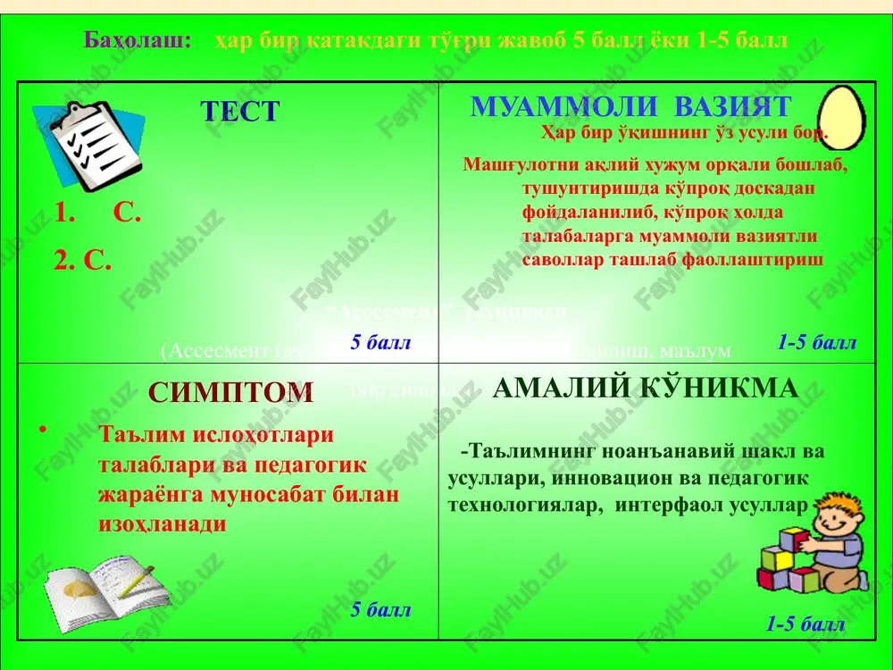 ki boshqalar uning shaxsiy xislatlari, his qilish tuyg'usi va bilish (kognitiv) tasavvurlarini bilish hamda tushunishini aniqlab olishini ham anglatadi. ongli kompetentlik bilishimni bilaman ongli nokompetentlik bilmasligimni bilaman ongsiz nokompetentlik bilmasligimni bilmayman ongsiz kompetentlik bilishimni bilmayman kasbiy-pedagogik faoliyatga amaliy tayyorgarlik tashkilotchilik qobiliyati kommunikativ qobiliyat axboriy qobiliyat axborotlarni olish, saralash va uzatish layoqati darsni tashkil qilish va boshqarish layoqati muloqot o'rnatish, ta'sir qilish, ishontirish, dalillash, notiqlik layoqati pedagogik takt takt so'zma-so'z tarjima qilinganda daxldorlik, aloqadorlik, taaluqlilik ma'nosini bildiradi. takt so'zi ta'sir etish ma'nosini bildiradi. bu kishilar o'zaro munosabatini boshqarishga yordam beruvchi axloqiy kategoriyadir. taktik xulq insonparvarlik printsipiga asoslanib, murakkab konflikt holatlarida ham kishiga hurmat saqlab qolishni talab qiladi. nazokatli bo'lish barcha kishilarga qo'yilgan axloqiy talab, ayniqsa pedagoglarga bu juda muhim. pedagogik takt o'qituvchining kasbiy sifati, uning mahoratining bir qismi. pedagogik takt - bu o'qituvchining o'quvchiga maqsadga muvofiq pedagogik ta'sir o'lchovi, muloqotning maxsuldor uslubini o'rnatish ko'nikmasi. akmeologiya akmeologiya (akme) - yunoncha oliy nuqta, …