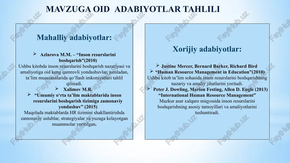 htatida hr bo‘limi mavjud bo‘lib, ular maktablarga malakali o‘qituvchilarni tanlab oladi.“teacher evaluation systems” orqali o‘qituvchilar faoliyati baholanadi. ushbu tizimda o‘quvchilar natijalari, darslarni kuzatish va ota-onalar fikrlari hisobga olinadi. samarali o‘qituvchilarga performance-based pay tizimi orqali qo‘shimcha moddiy rag‘bat beriladi.hr bo‘limi har yili o‘qituvchilar uchun professional development plans (pdps) ishlab chiqadi. kadrlarni tanlash tizimini takomillashtirish zarur o‘qituvchilarni tanlashda aniq kompetensiyalar va psixologik tayyorgarlikni baholovchi test tizimini joriy etish lozim. 2 inson resurslarini boshqarishda axborot texnologiyalarining o‘rni oshib bormoqda. bu esa kadrlar bilan ishlash jarayonlarini avtomatlashtirish va samaradorligini oshirishga xizmat qilmoqda. yaponiya hr tizimi orqali o‘qituvchilar milliy sertifikatlash imtihonlari orqali ishga qabul qilinadi. maktab o‘qituvchilari odatda umr bo‘yi ishlashadi, bu esa barqarorlikni ta’minlaydi. o‘qituvchilar kamida bir yil tajribali ustoz o‘qituvchilar bilan ishlaydi. bu tizim “shokuin shidō” (xodimlar rahbarligi) deb ataladi. maktab direktorlari va hr mutaxassislari har yili “kyōiku kaigi” (ta’lim yig‘ilishlari) orqali kadrlar rejasini ishlab chiqishadi. rag‘batlantirish va motivatsiya tizimini yaxshilash kerak. o‘qituvchilar …