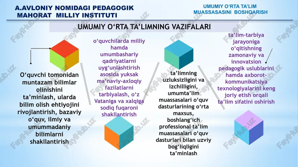 mahkamasining qarorlariga, ushbu nizomga, boshqa normativ-huquqiy hujjatlarga, shuningdek umumta’lim muassasasining ustaviga amal qiladi a.avloniy nomidagi pedagogik mahorat milliy instituti umumiy o‘rta ta’lim muassasasini boshqarish pedagogik kengashning maqsadi umumta’lim muassasasida davlatning ta’lim siyosatini amalga oshirish umumta’lim muassasasining maqsadi va vazifalaridan kelib chiqqan holda ta’lim-tarbiya jarayonini rivojlantirish takomillashtirishda pedagogik jamoaning faoliyat yo‘nalishini belgilash ta’limdagi yutuqlarni va ilg‘or pedagogik tajribalarni amaliyotga joriy etishda pedagogik jamoani birlashtirish demokratiya, oshkoralik, o‘zini o‘zi boshqarish tamoyillari asosida umumta’lim muassasasi boshqaruvini amalga oshirish a.avloniy nomidagi pedagogik mahorat milliy instituti umumiy o‘rta ta’lim muassasasini boshqarish uzluksiz metodik xizmat koʻrsatish tizimidagi kengash va birlashmalarning faoliyati tegishli nizom asosida tashkil qilinadi. umumiy oʻrta taʼlim maktablari oʻqituvchilariga uzluksiz metodik xizmat koʻrsatish tartibi umumiy oʻrta taʼlim maktablarining fan metodbirlashmalari; umumiy oʻrta taʼlim maktablarining pedagogik kengashi; tuman (shahar)larda “mentorlar guruhi” (jamoatchilik asosida); pedagoglarni yangi metodikalarga oʻrgatish milliy markazlaridagi metodik xizmat ko‘rsatish bo‘limlari; qoraqalpogʻiston respublikasi maktabgacha va maktab taʼlimi vazirligi, toshkent shahar va viloyatlar maktabgacha …